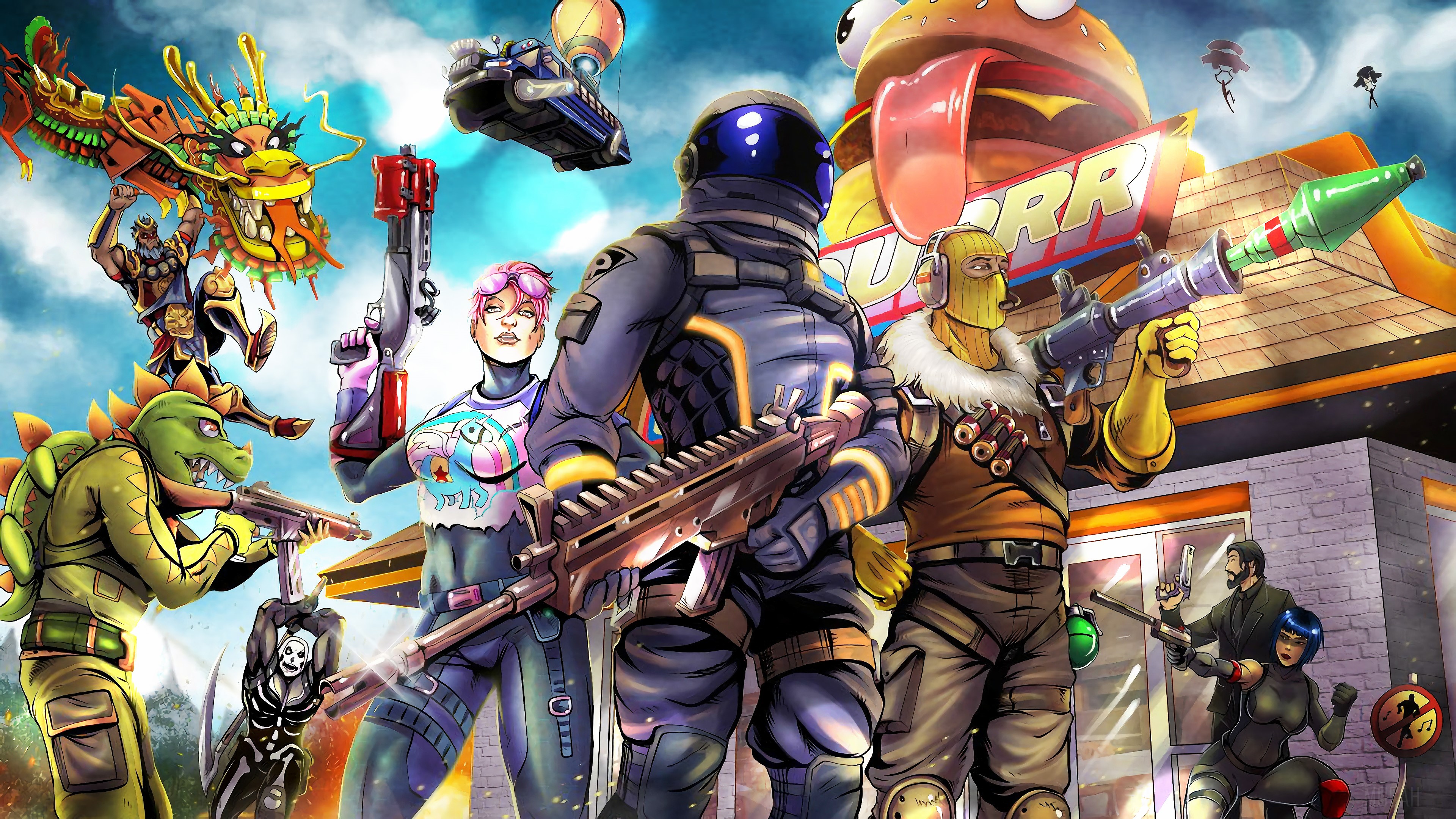 Fortnite characters in front of Durrr Burger restaurant HD Wallpaper