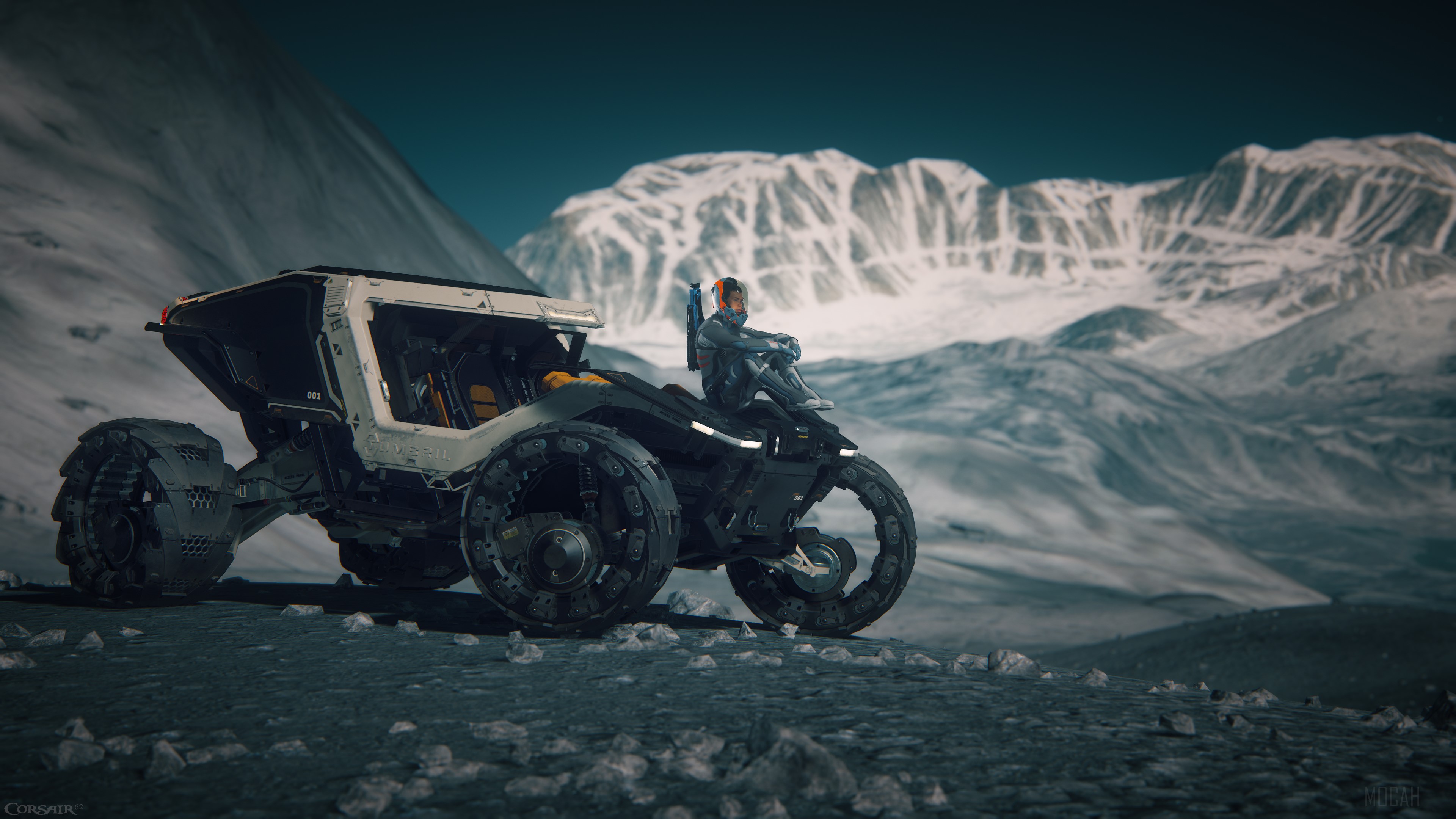 Astronaut sitting on a rover on Yela in Star Citizen 4K HD Wallpaper