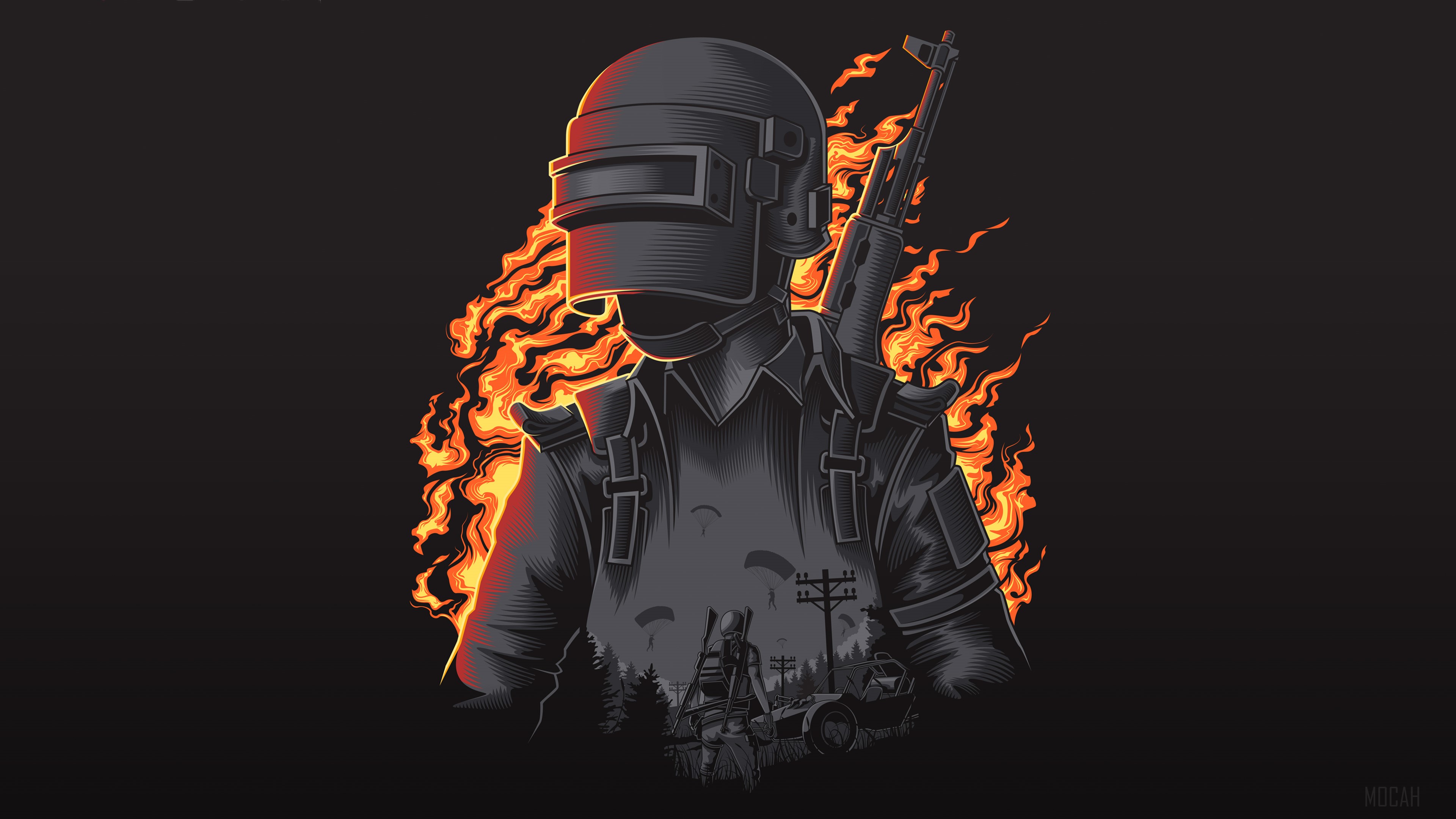 PUBG character with rifle and flames 4K HD Wallpaper
