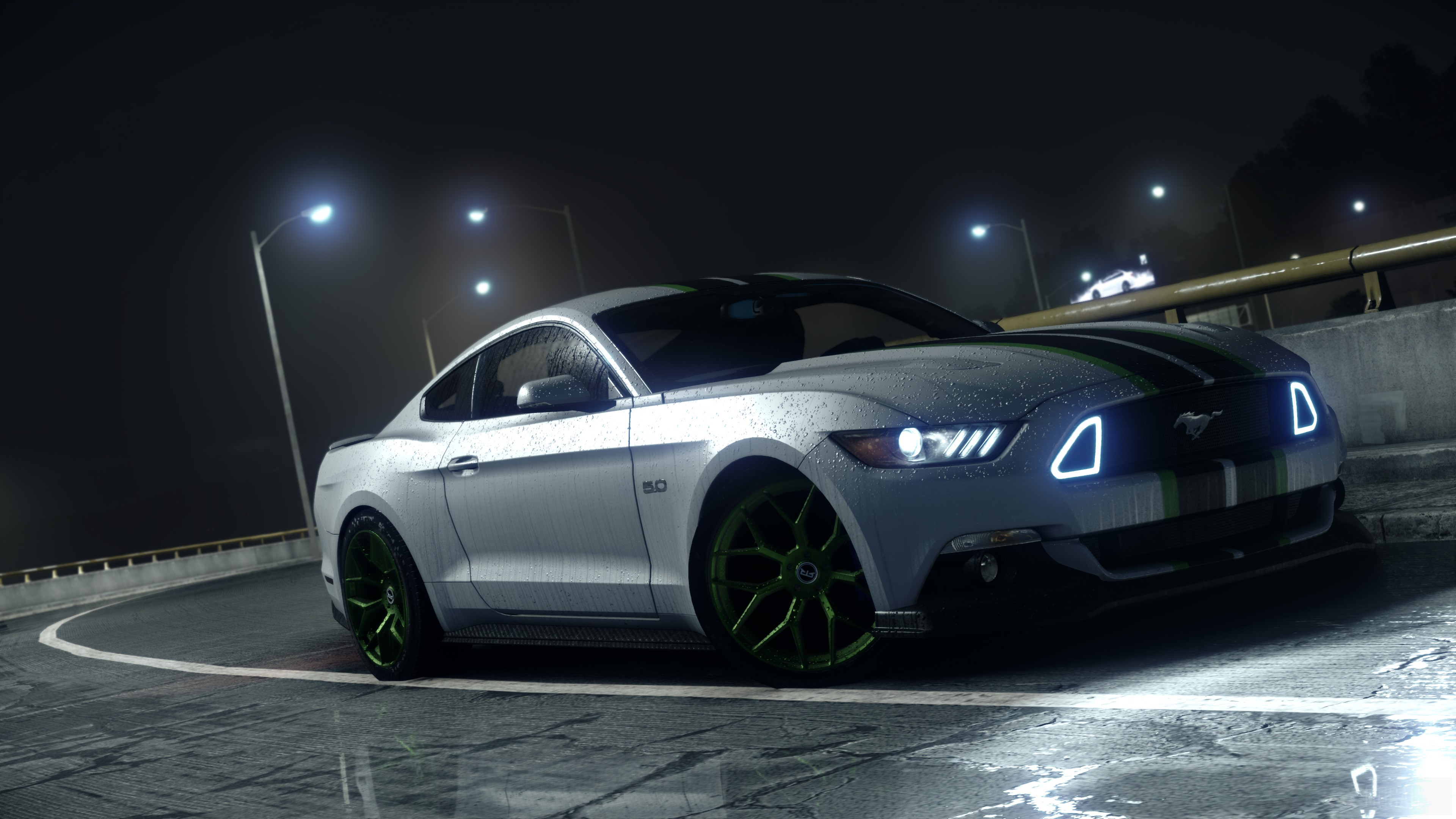 White Ford Mustang GTR with green stripes 4K HD Wallpaper