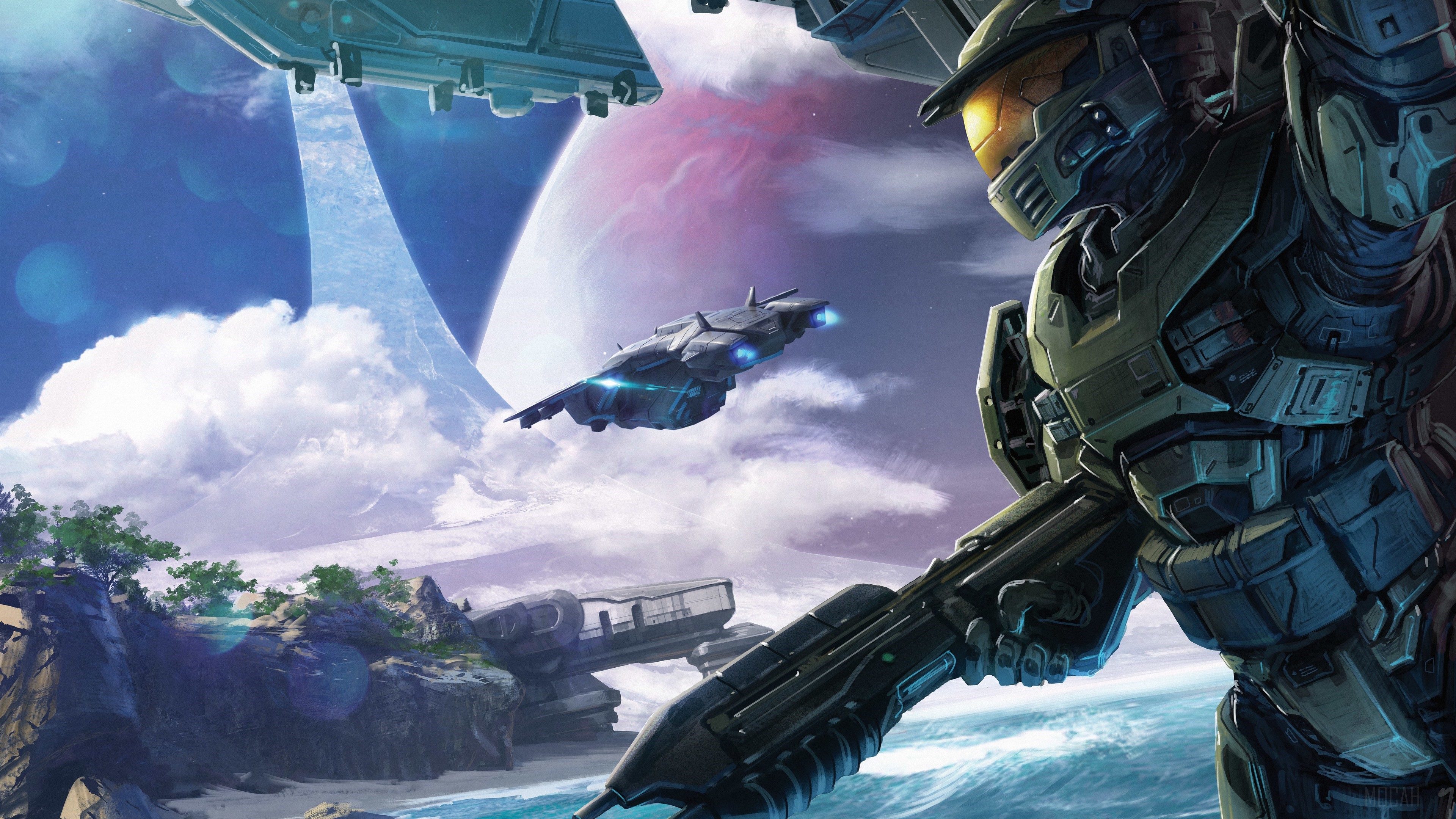 Master Chief from Halo with UNSC ships and a Halo ring HD Wallpaper