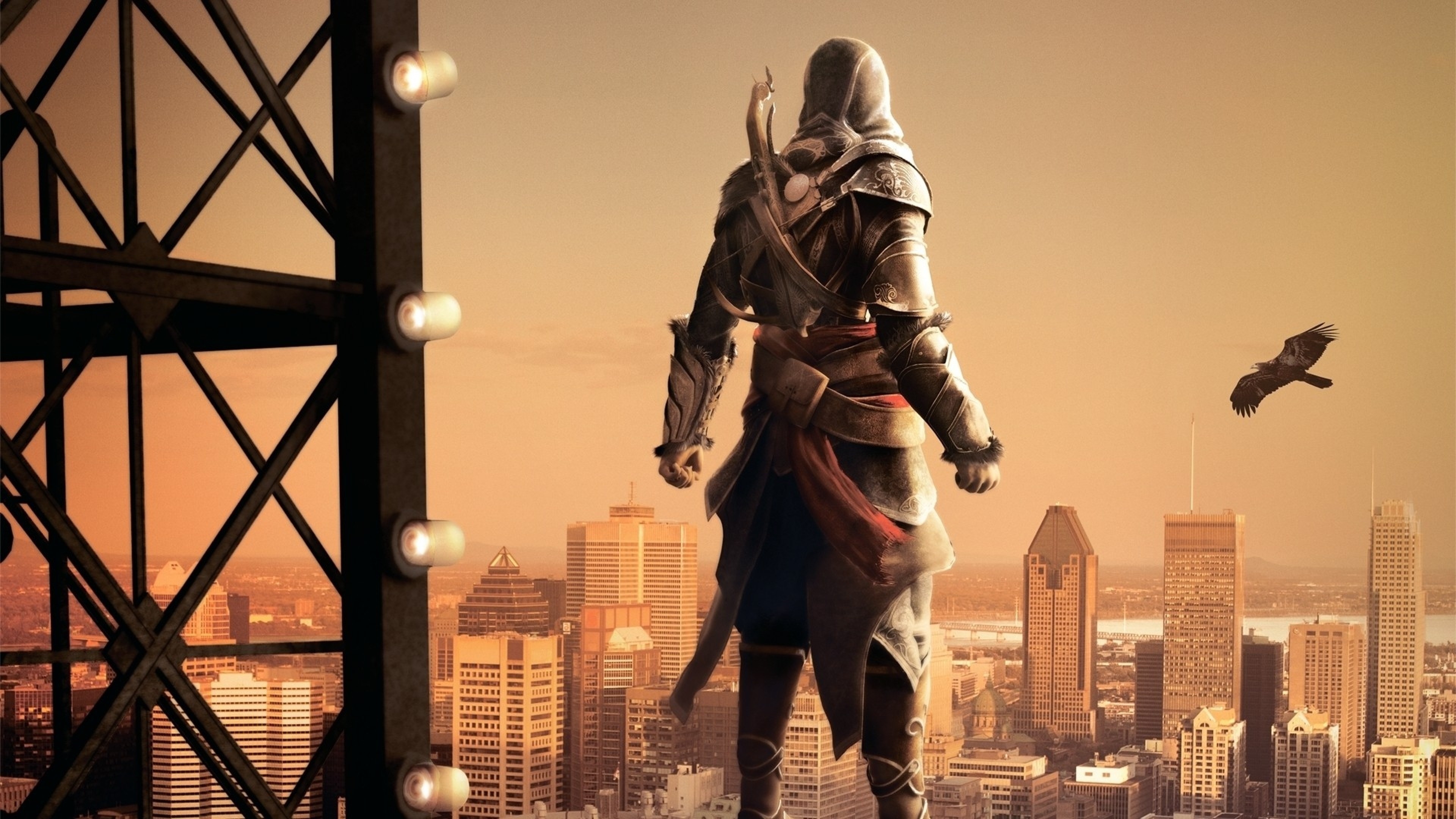 Ezio Auditore da Firenze from Assassin's Creed standing on a tower overlooking a city HD Wallpaper