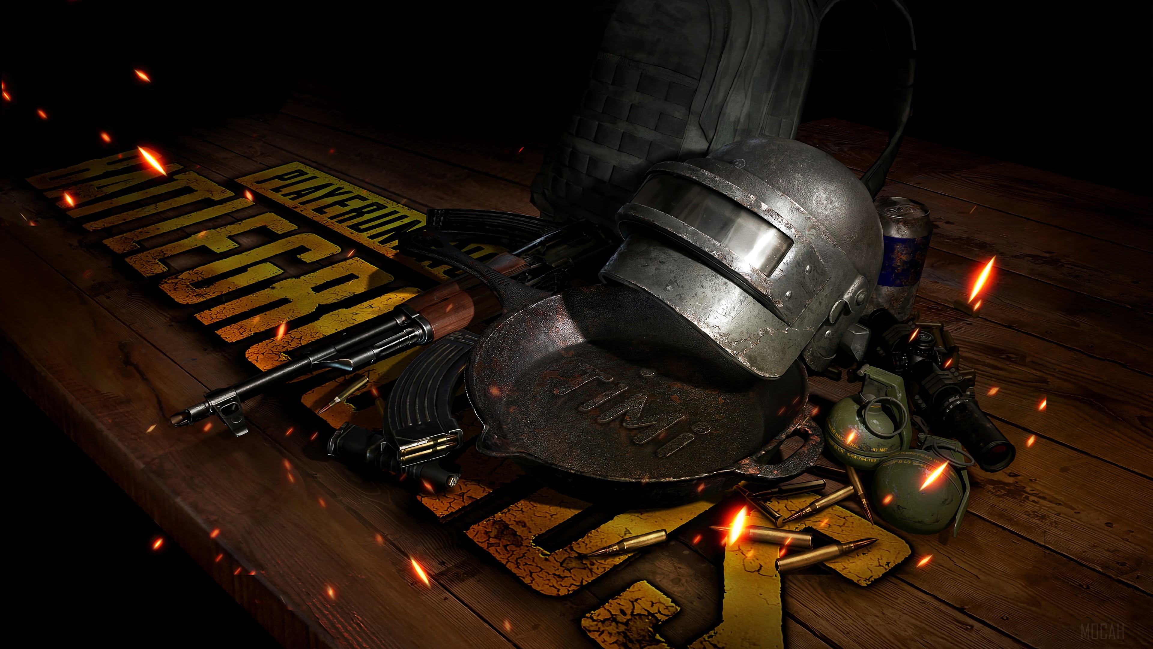 PlayerUnknown's Battlegrounds weapons and helmet 4K HD Wallpaper
