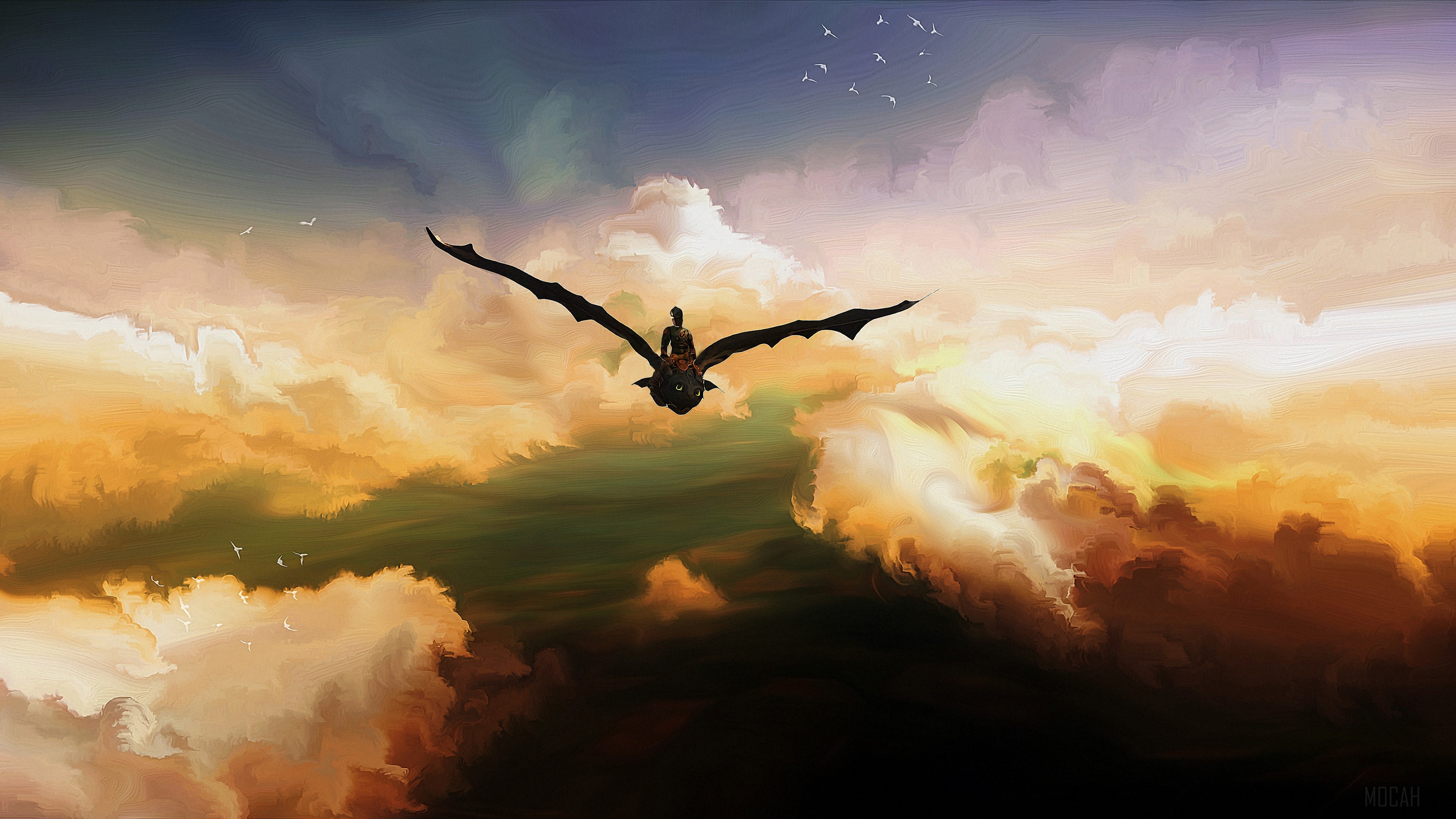 Hiccup and Toothless flying through clouds 4K HD Wallpaper