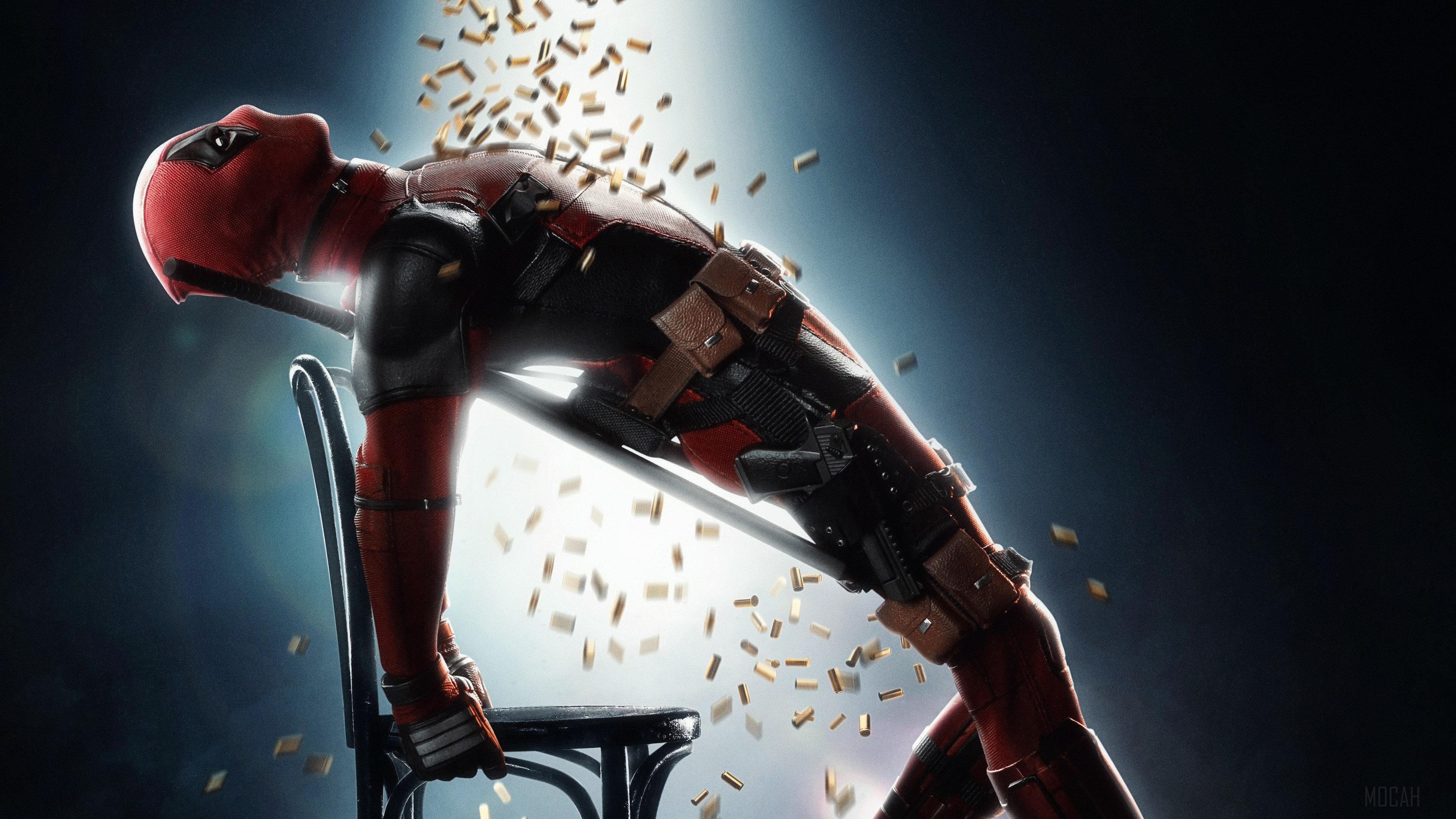 Deadpool leaning back on a chair with bullets flying HD Wallpaper