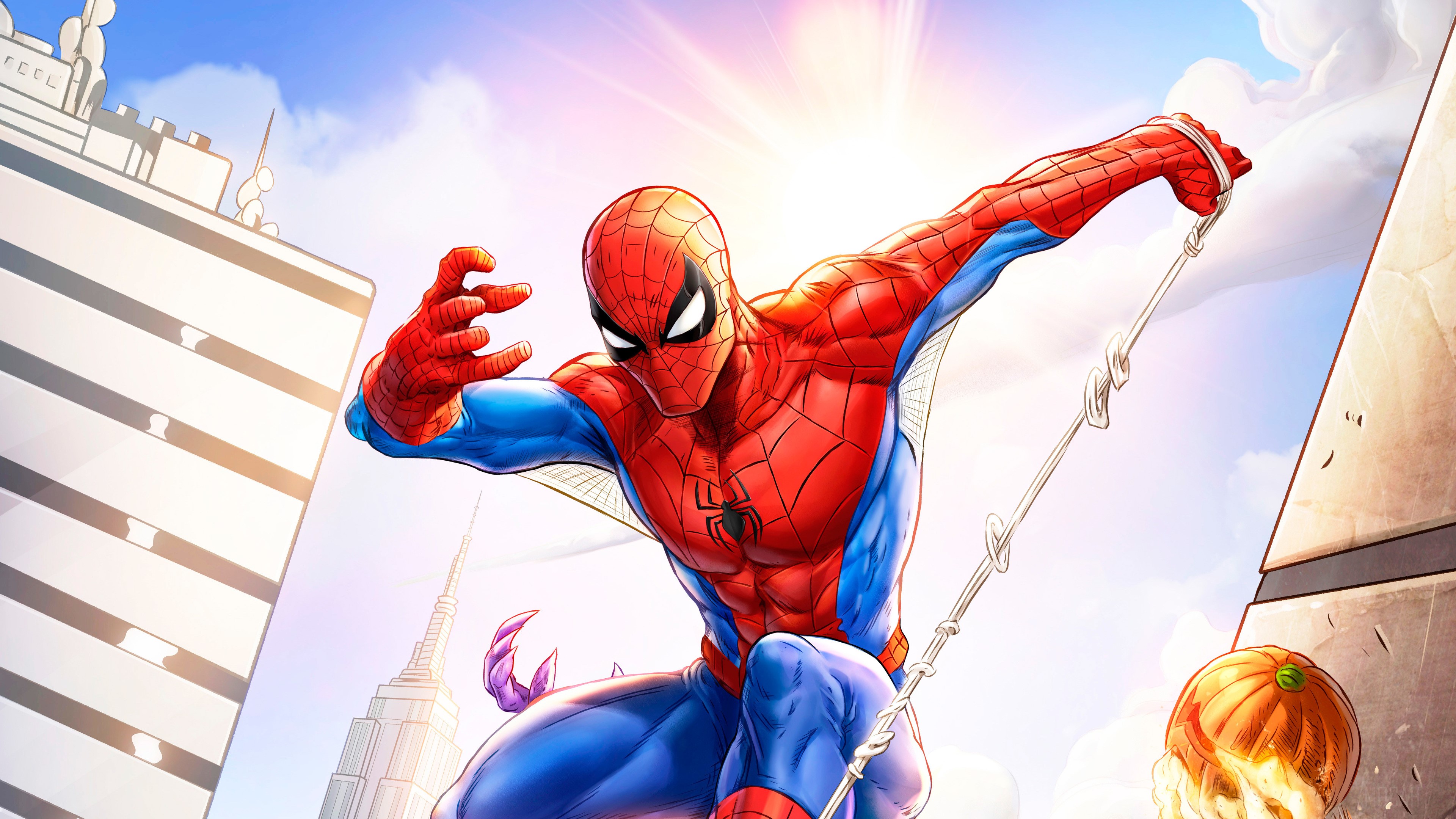 Spider-Man swinging through New York City HD Wallpaper