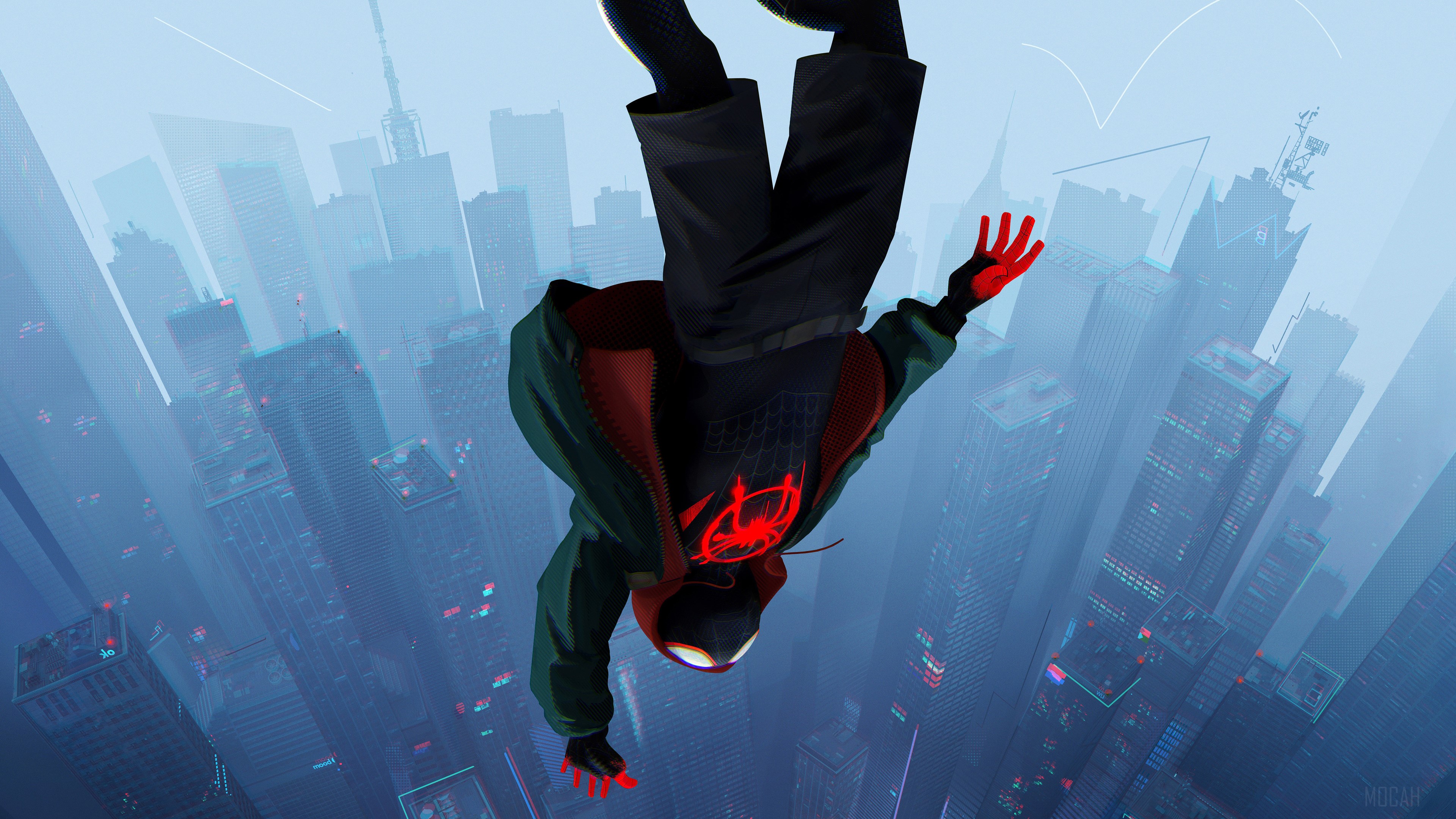 Spider-Man (Miles Morales) falling over a city HD Wallpaper
