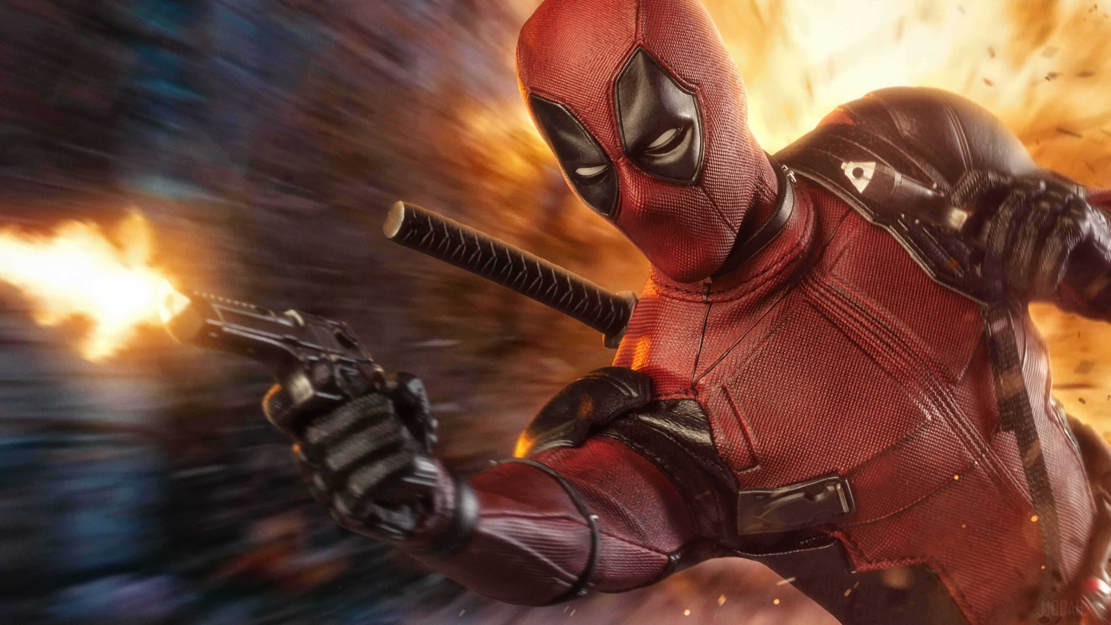 Deadpool shooting a gun 4K HD Wallpaper
