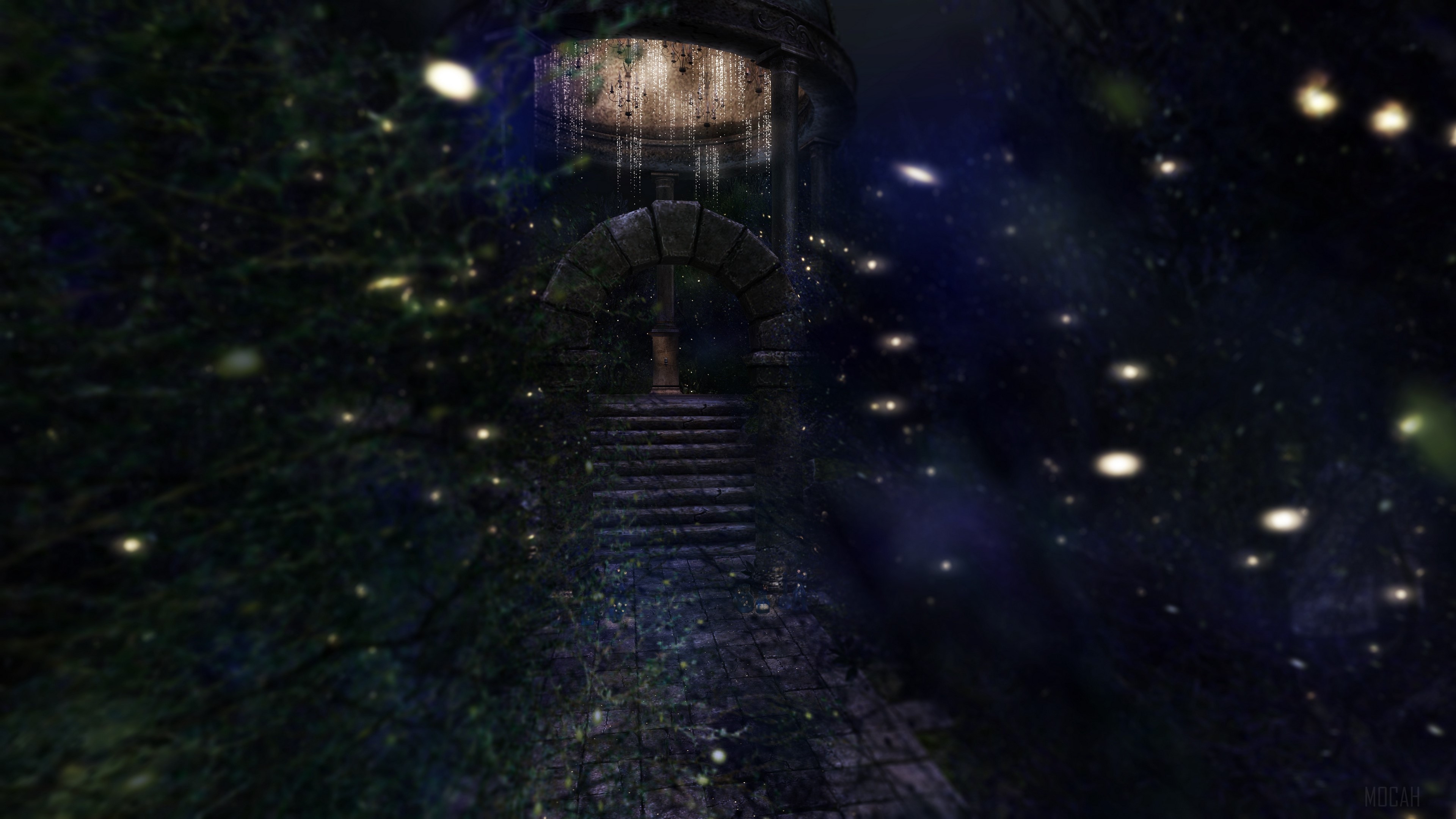 Stone archway and gazebo with glowing lights HD Wallpaper