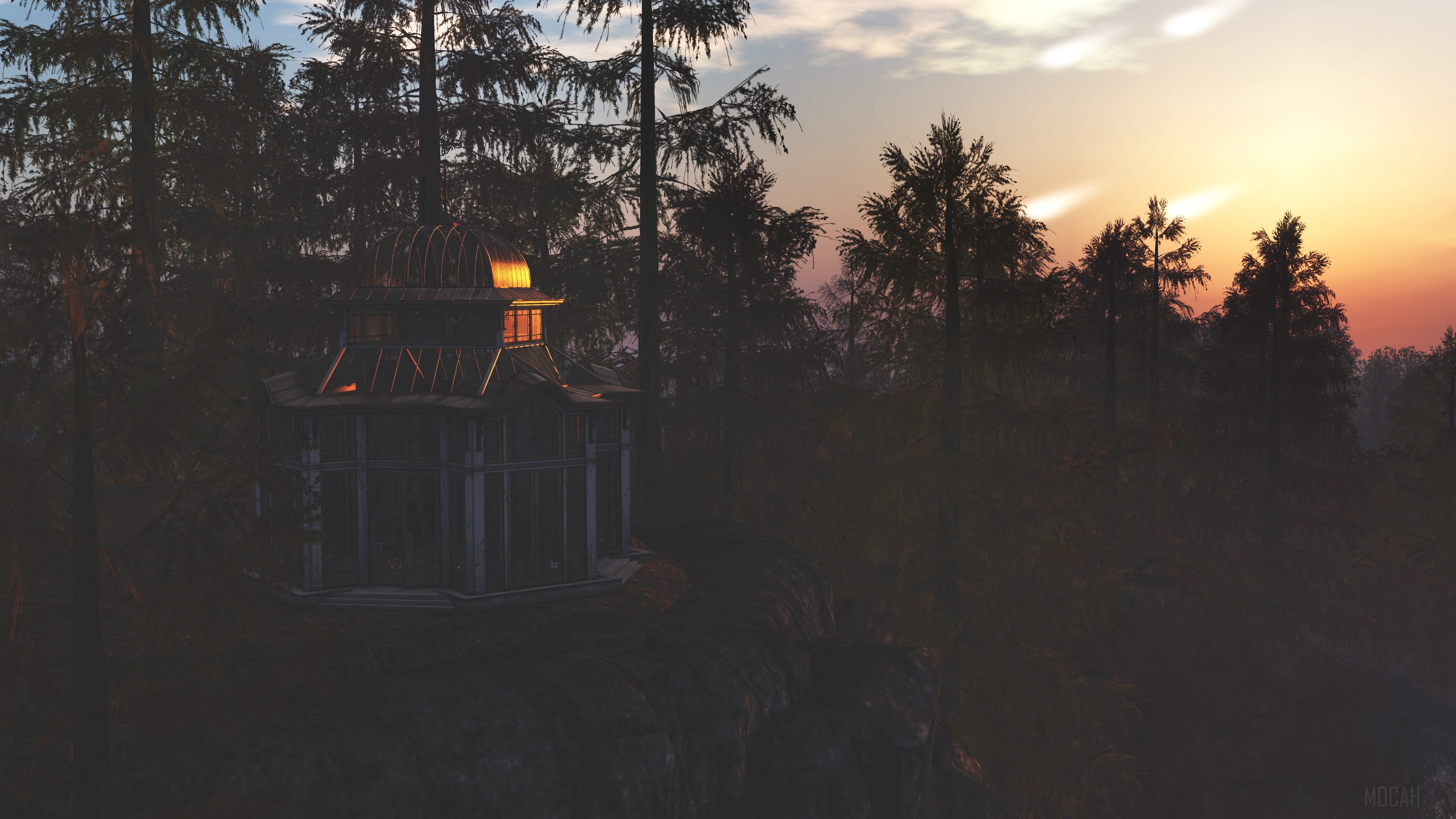 Arbor in a forest at sunset 4K HD Wallpaper