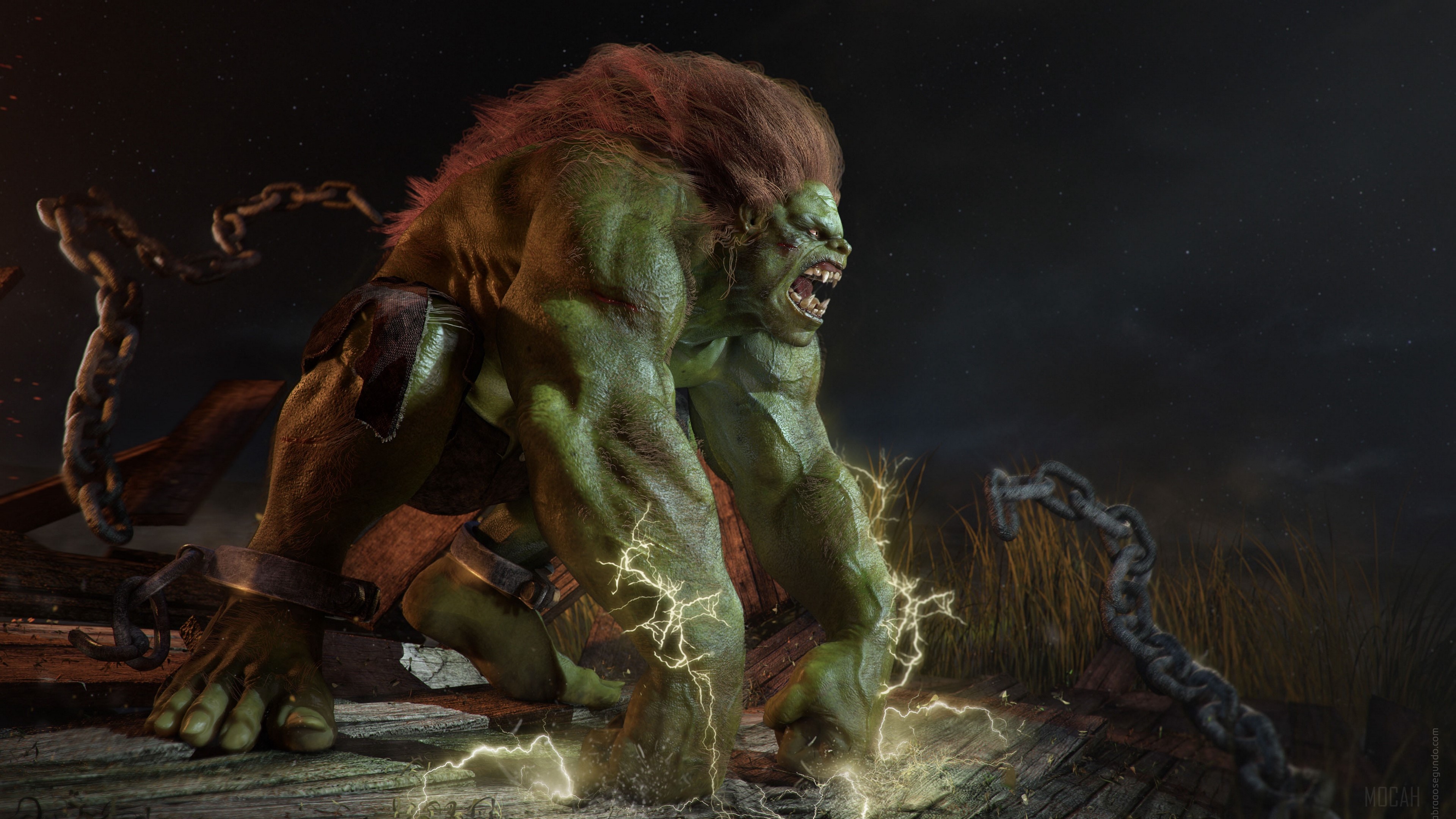 Monster with green skin and red hair, chained HD Wallpaper
