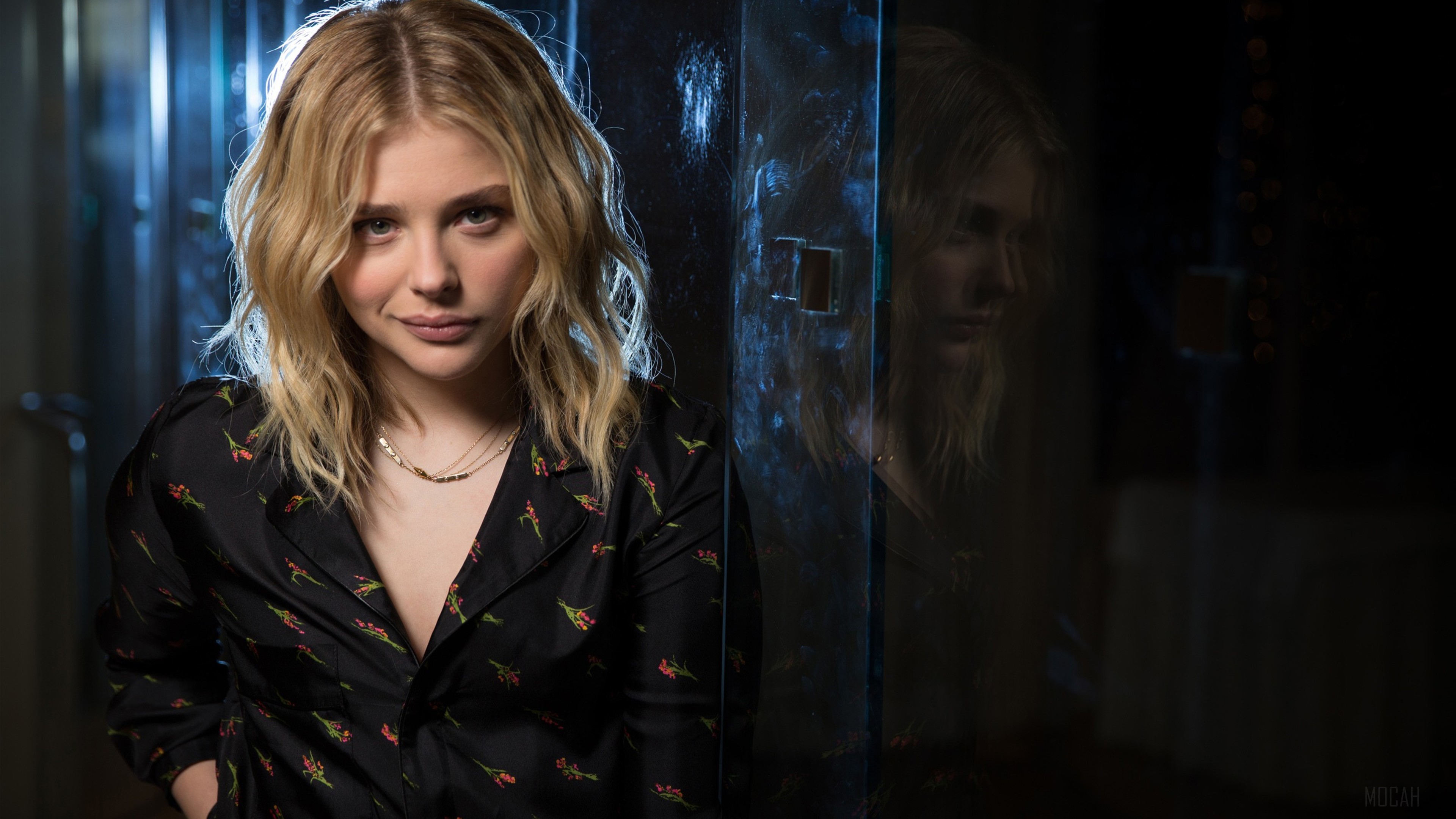 Chloe Moretz in black floral dress 4K HD Wallpaper