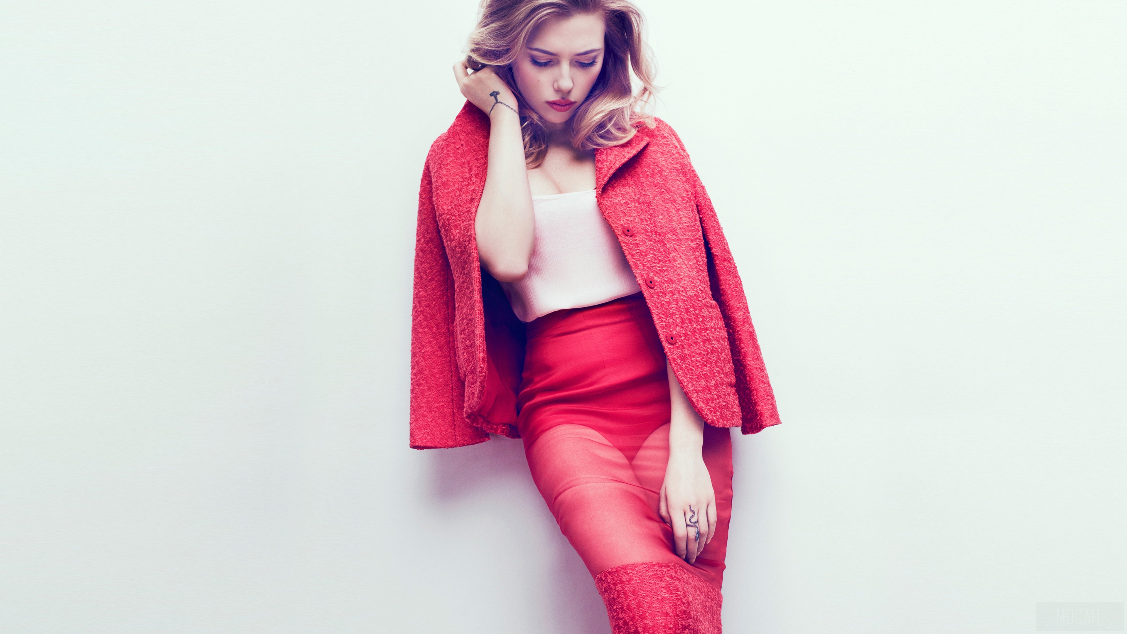 Scarlett Johansson in red outfit 4K HD Wallpaper