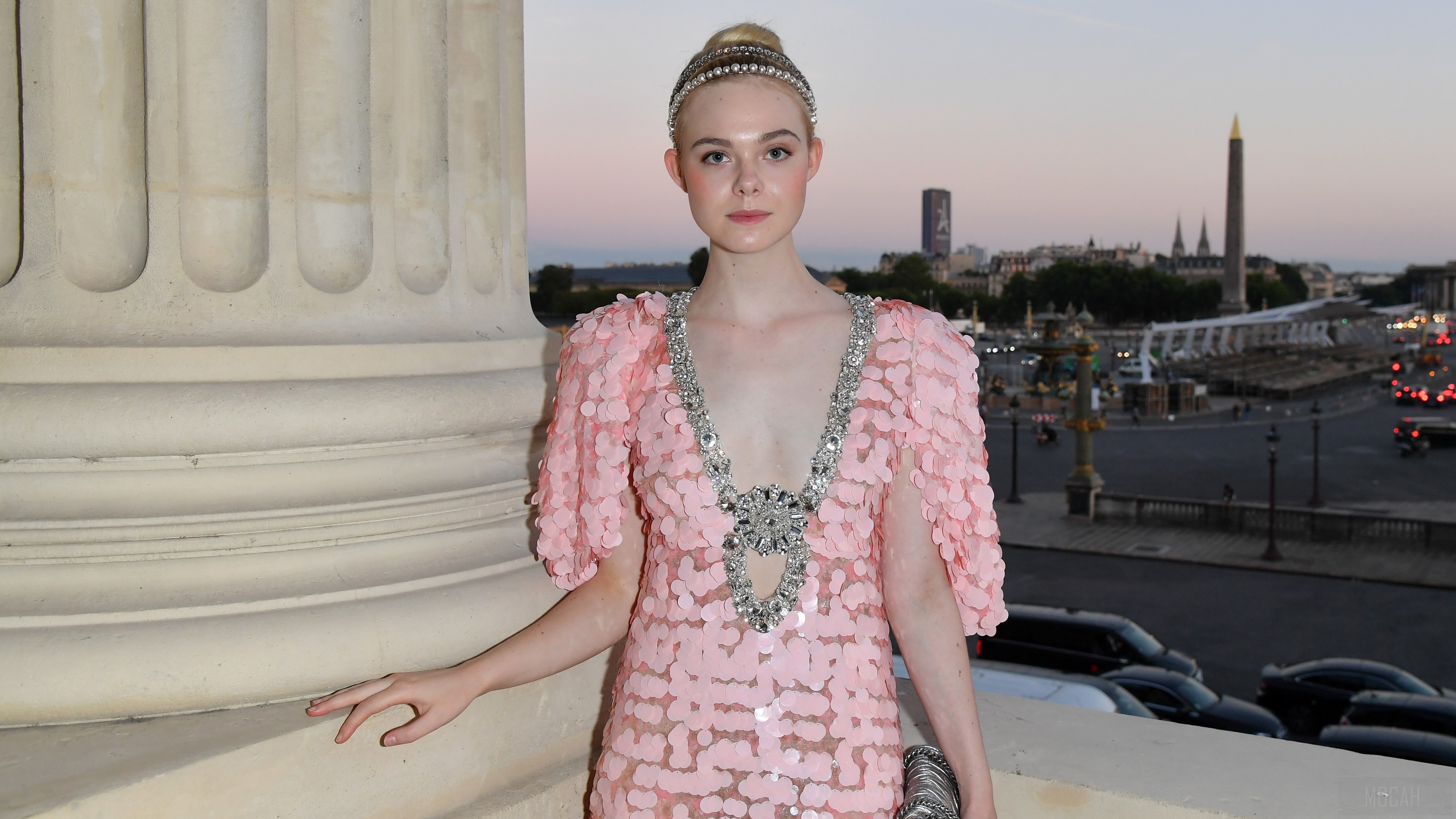 Elle Fanning in pink sequined dress in Paris 2018 4K HD Wallpaper