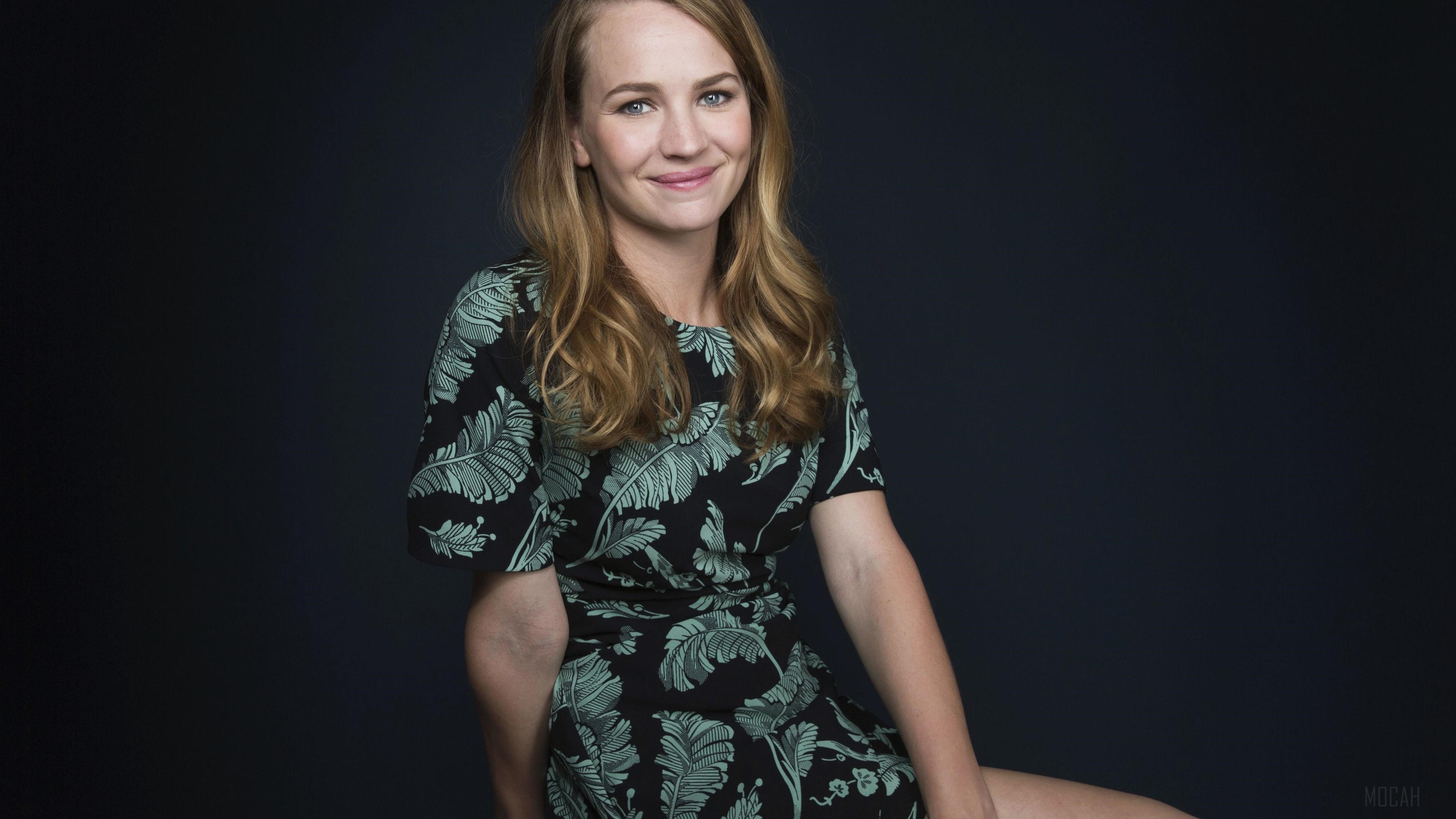 Britt Robertson Smiling in Leaf Pattern Dress 4K HD Wallpaper