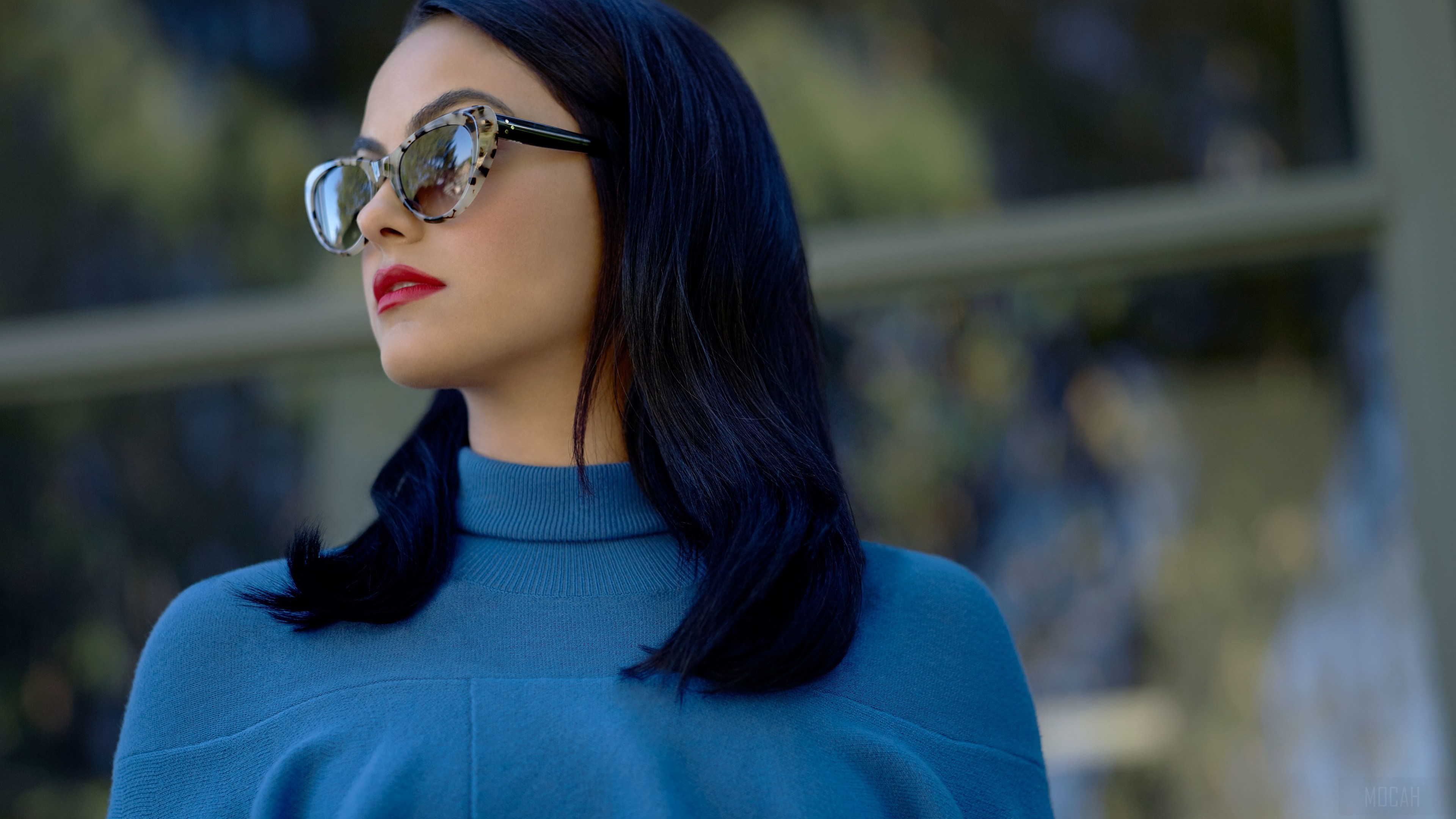 Camila Mendes wearing sunglasses and blue sweater HD Wallpaper