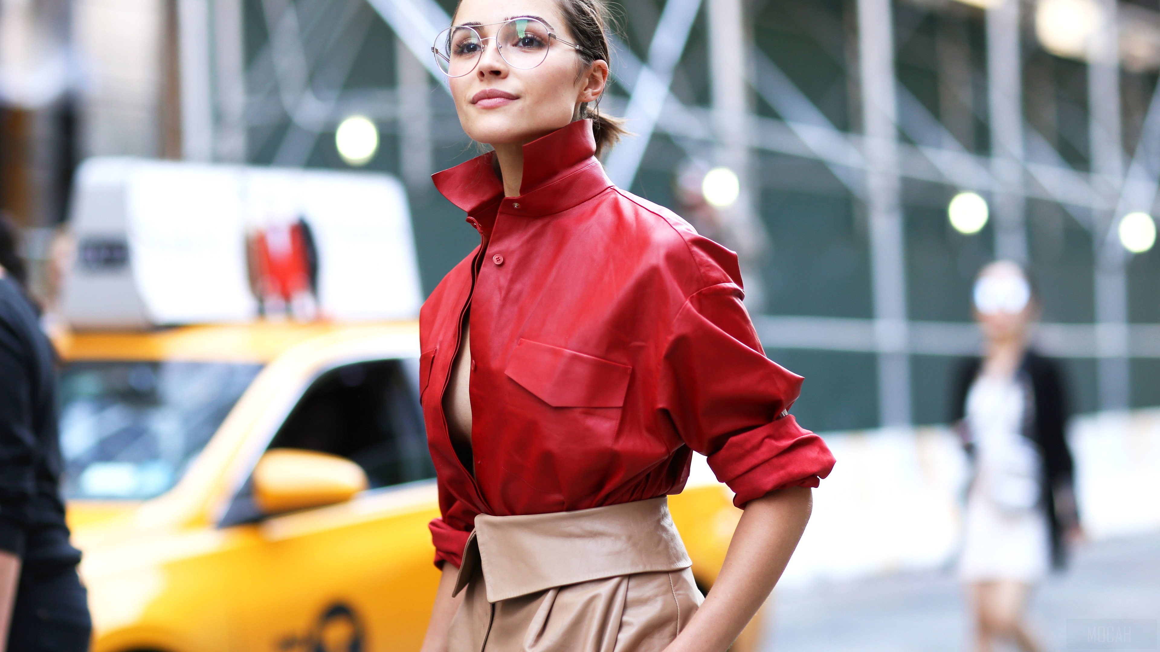 Olivia Culpo in Red Shirt and Tan Skirt HD Wallpaper