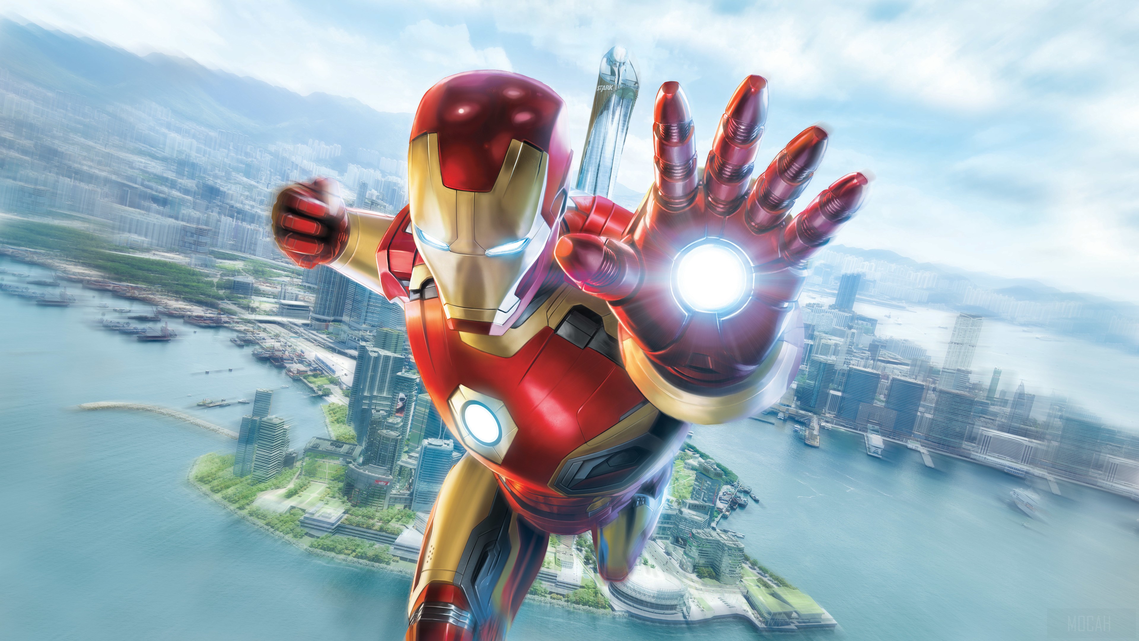 Iron Man flying over a city HD Wallpaper