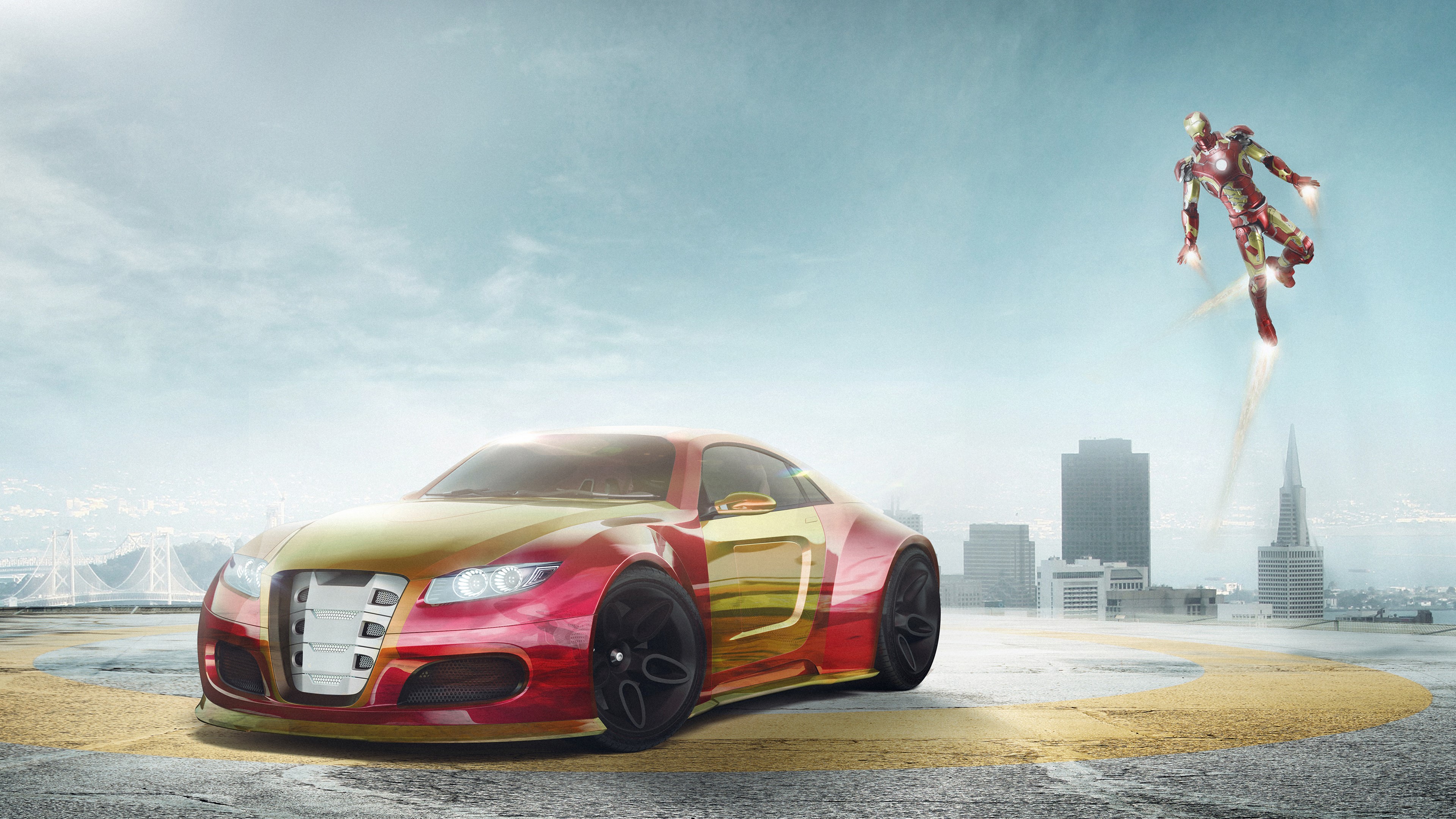 Iron Man Car with Iron Man Flying Over Cityscape 4K HD Wallpaper