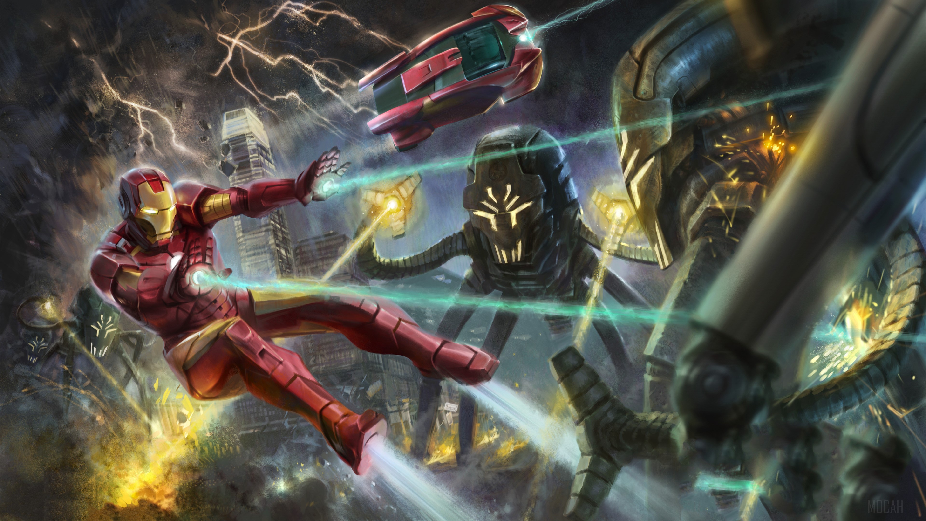 Iron Man fighting alien robots in a city 4K HD Wallpaper