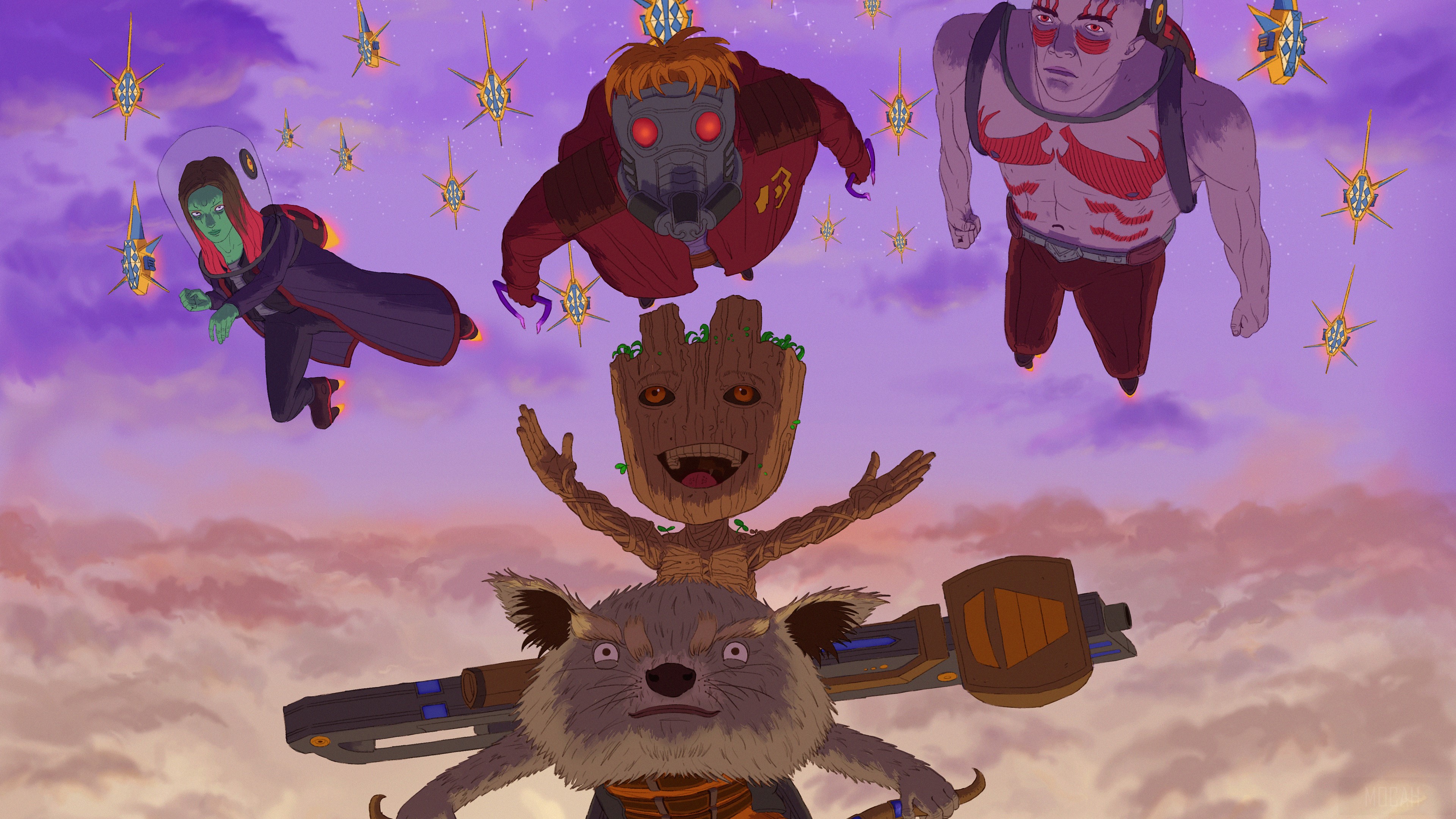 Guardians of the Galaxy characters flying in space HD Wallpaper