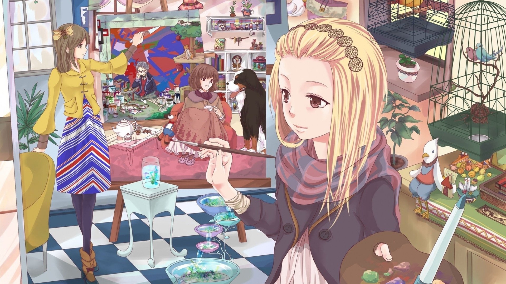 Anime girls painting in an art studio with birds HD Wallpaper