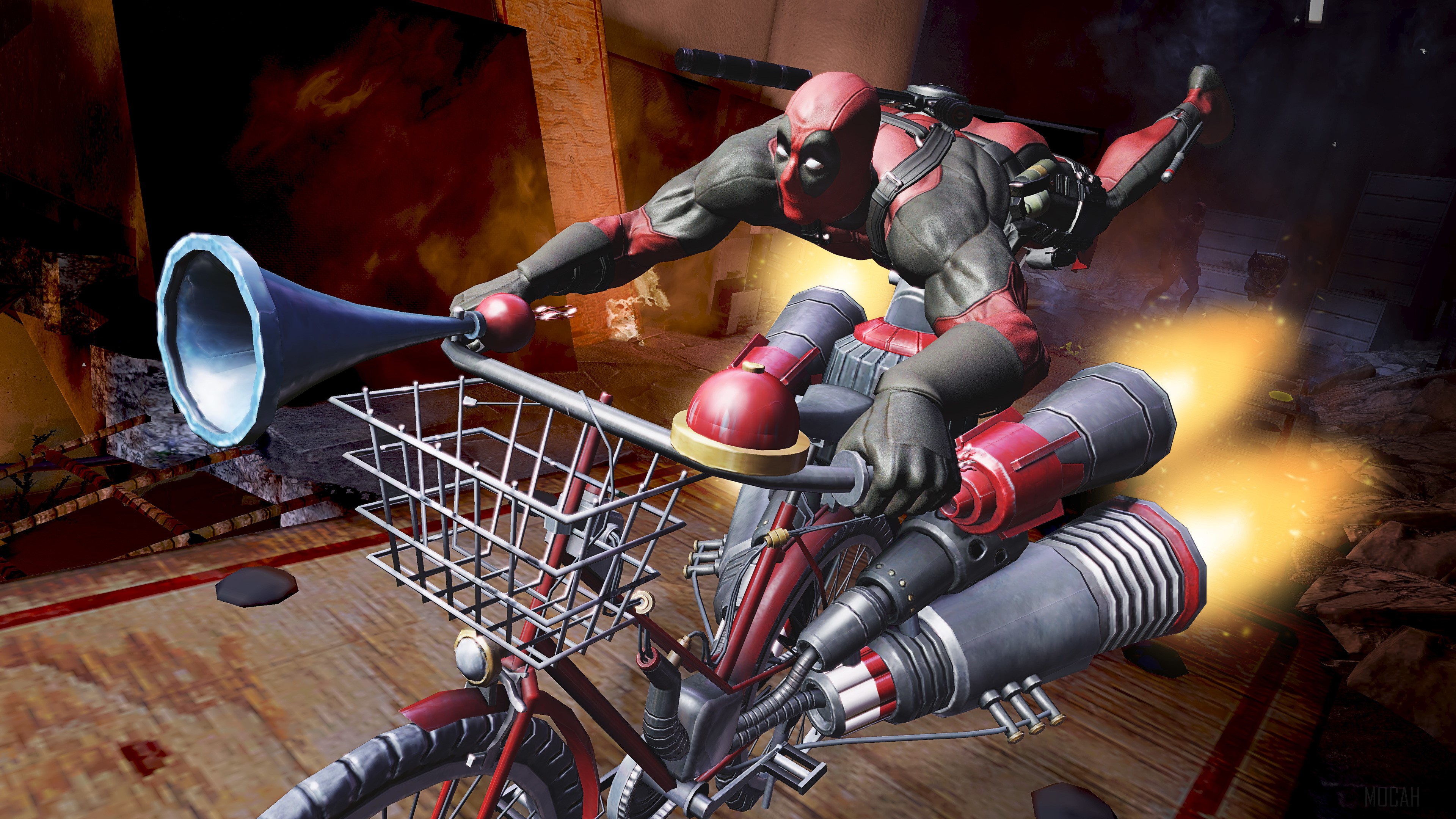 Deadpool on a rocket-powered bicycle HD Wallpaper