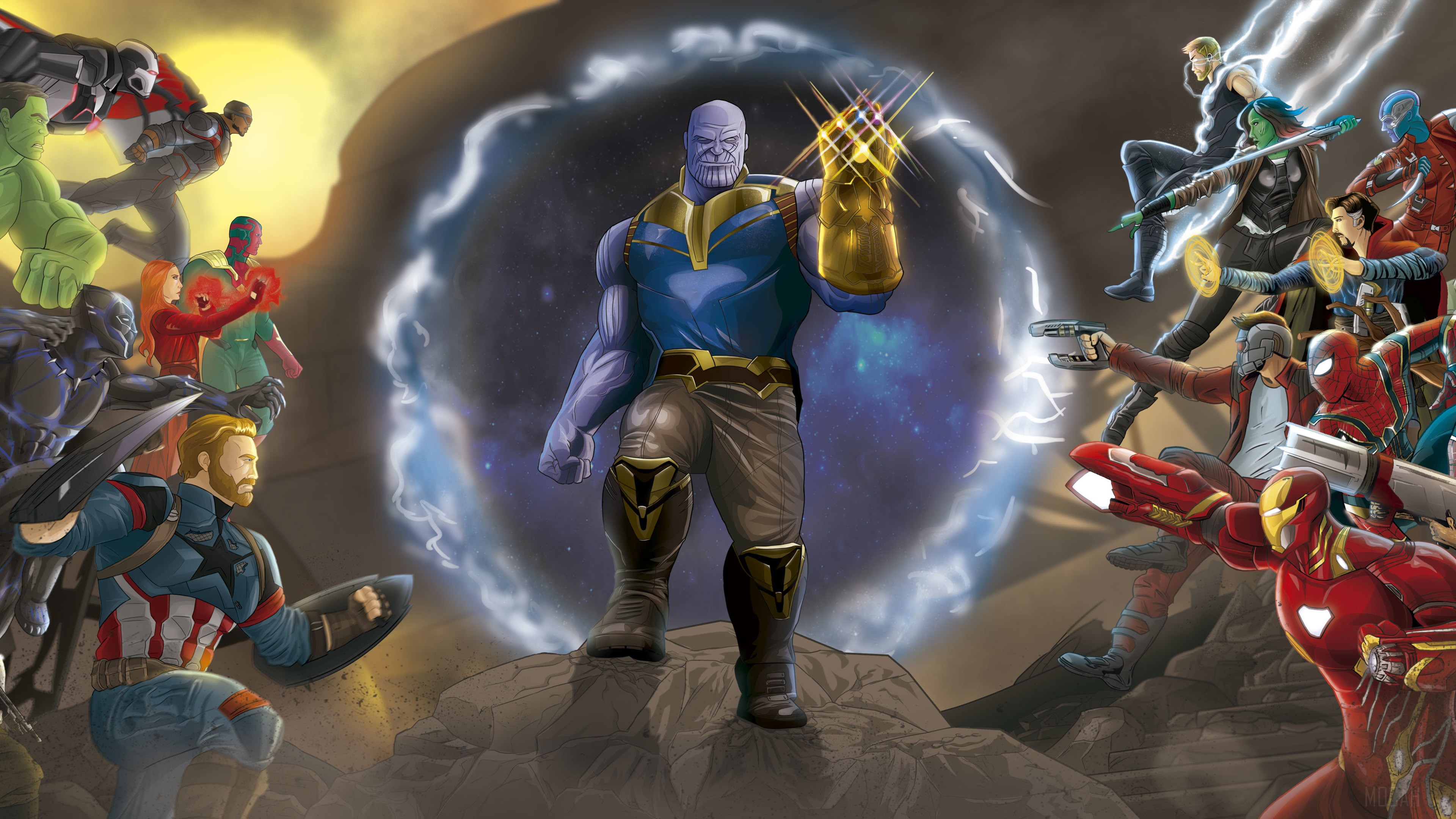 Thanos with Infinity Gauntlet facing Avengers HD Wallpaper