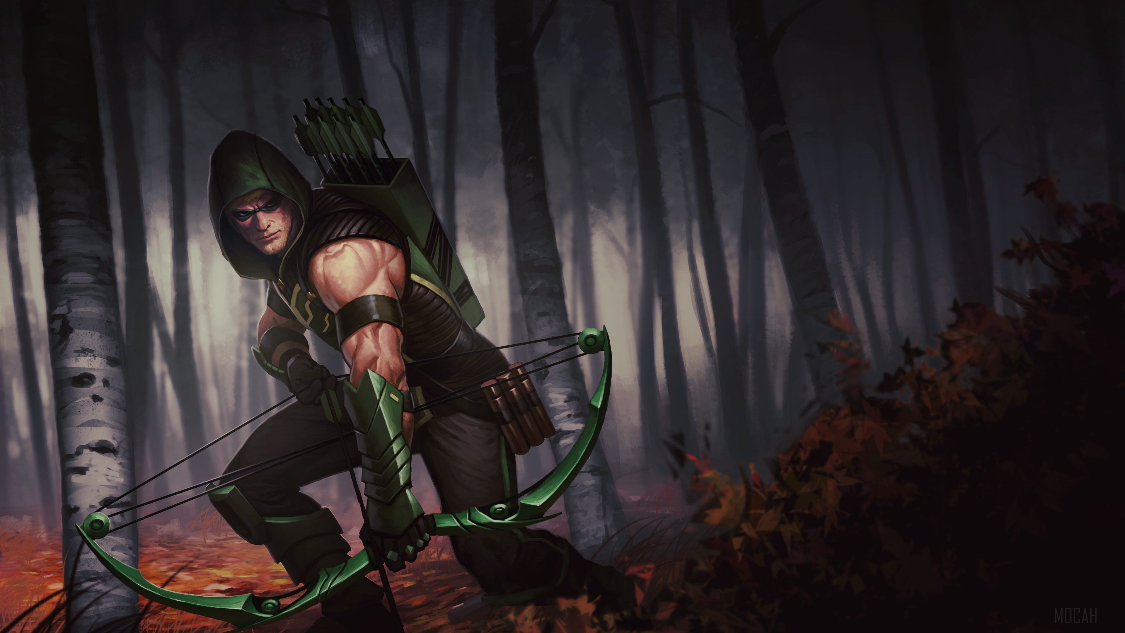 Green Arrow in a forest 4K HD Wallpaper