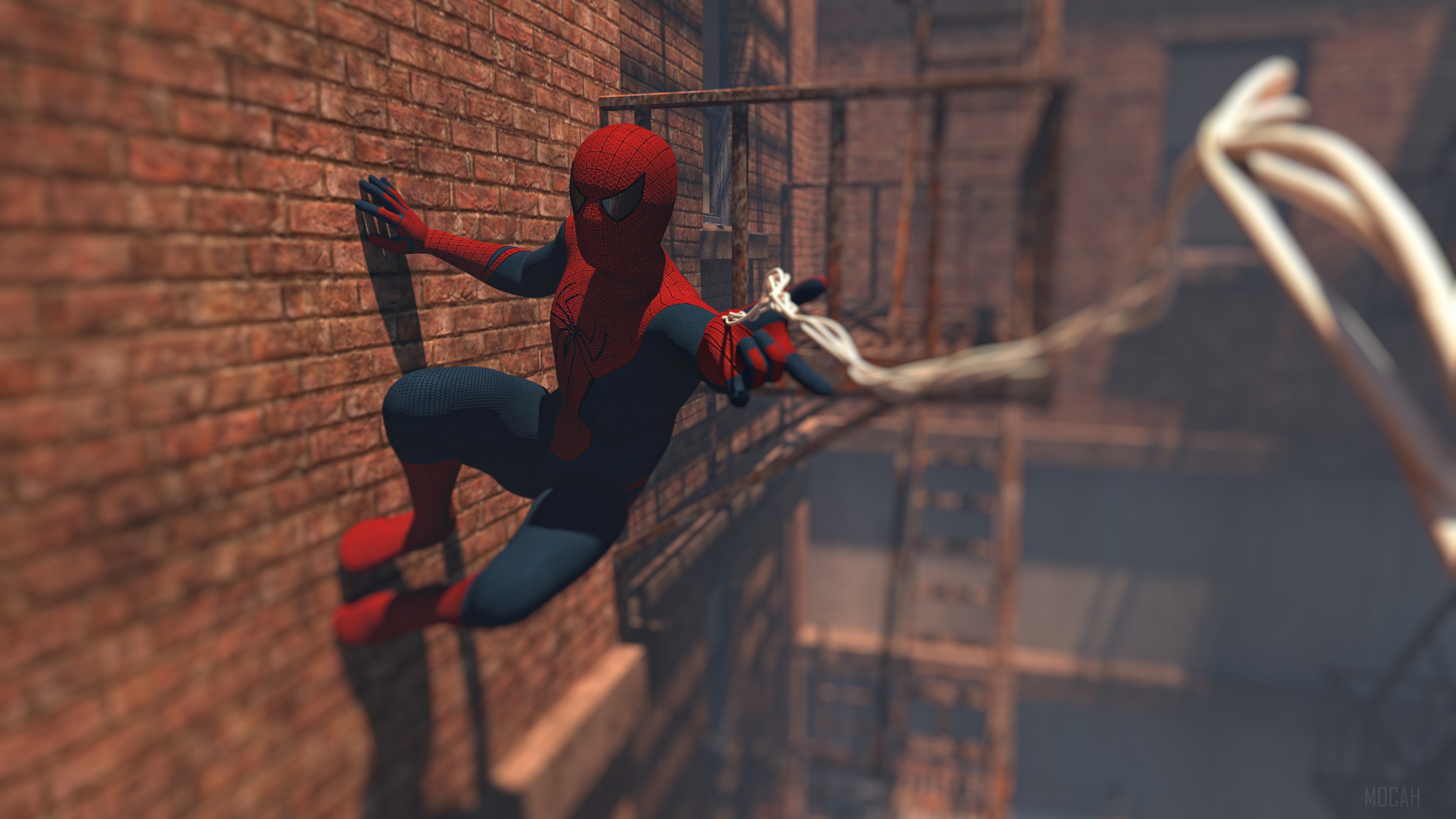 Spiderman swinging on a web in a city HD Wallpaper