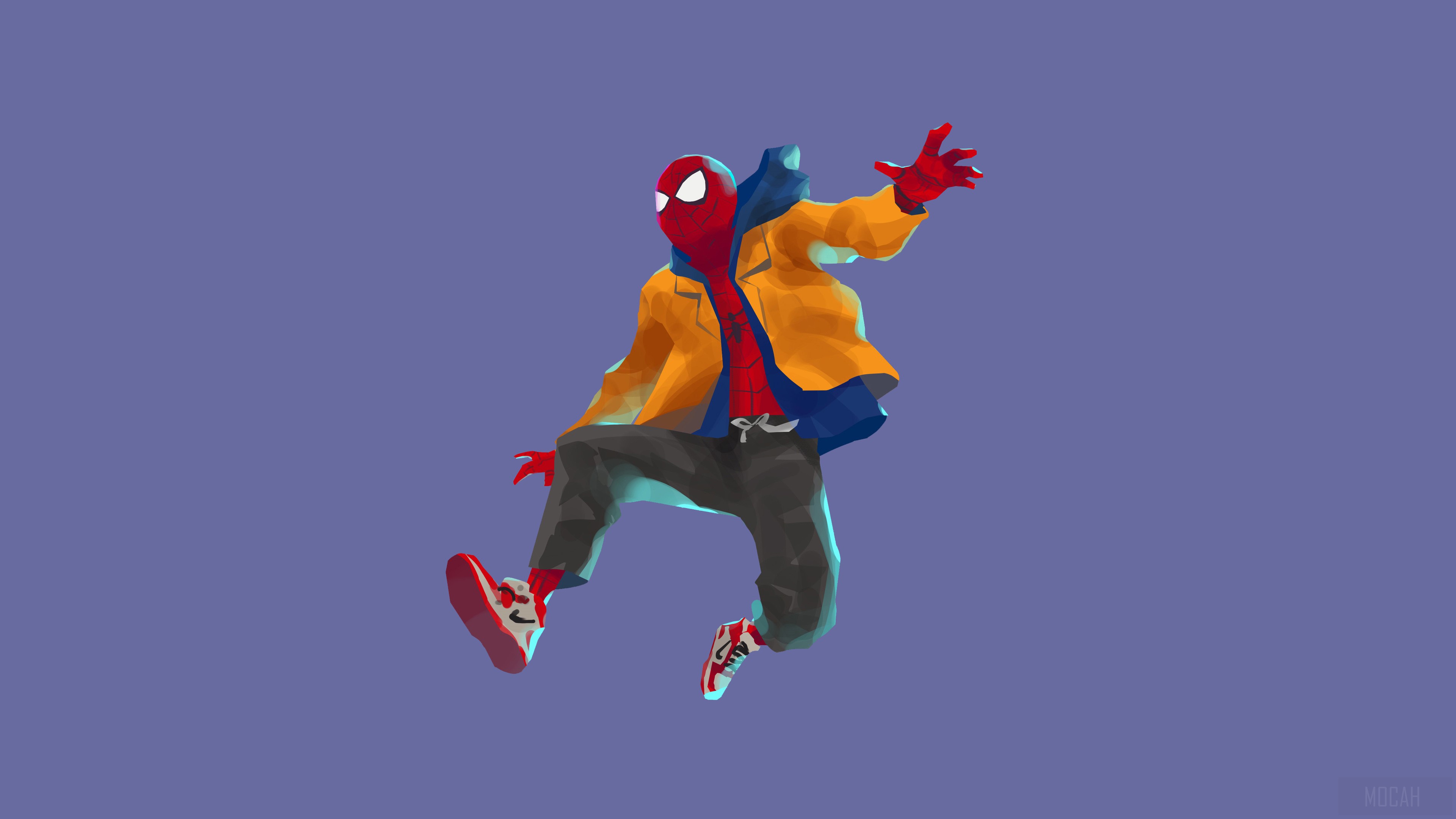 Spider-Man from Spider-Verse in casual attire jumping HD Wallpaper