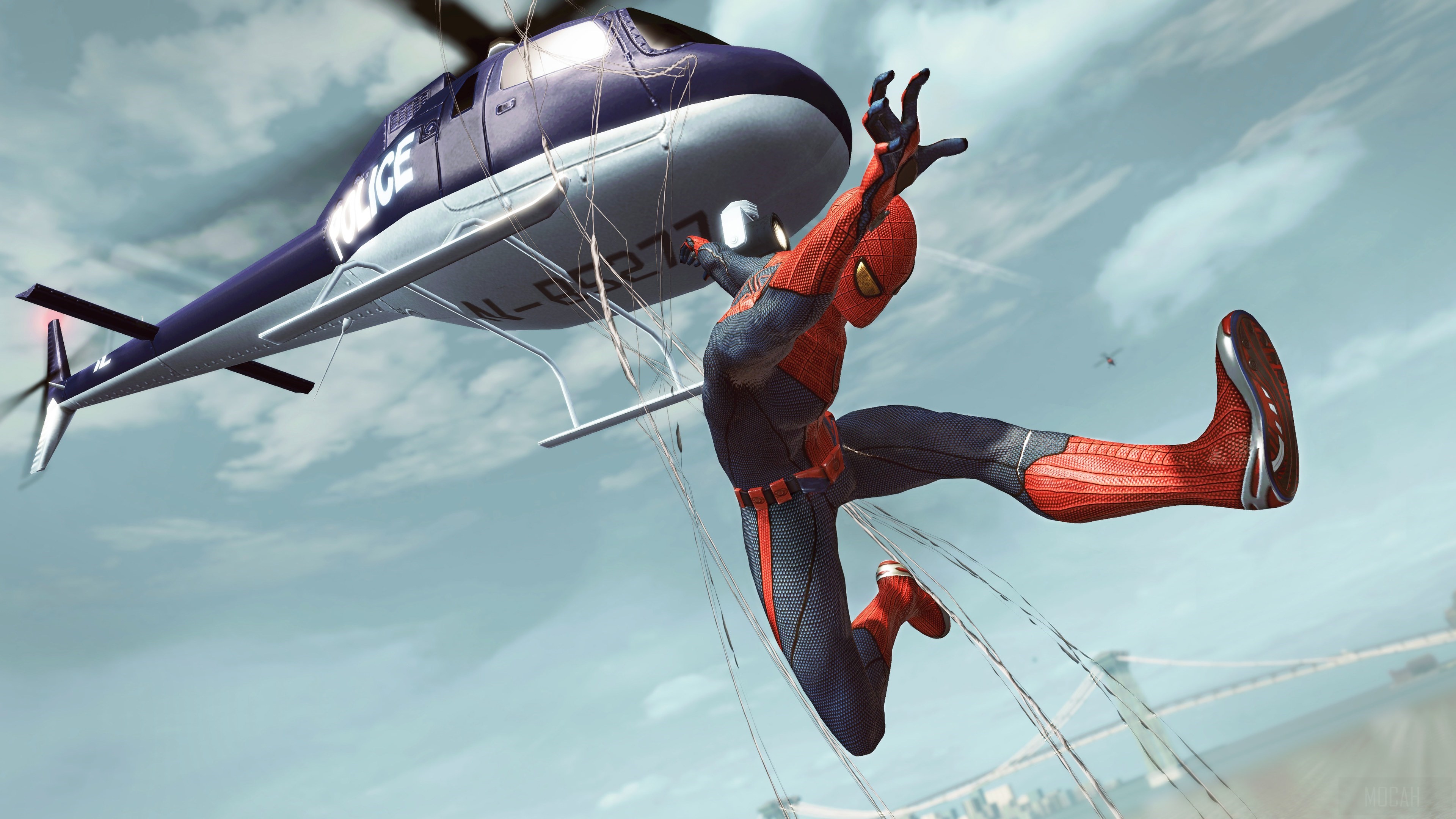 Spider-Man jumping from a police helicopter 4K HD Wallpaper