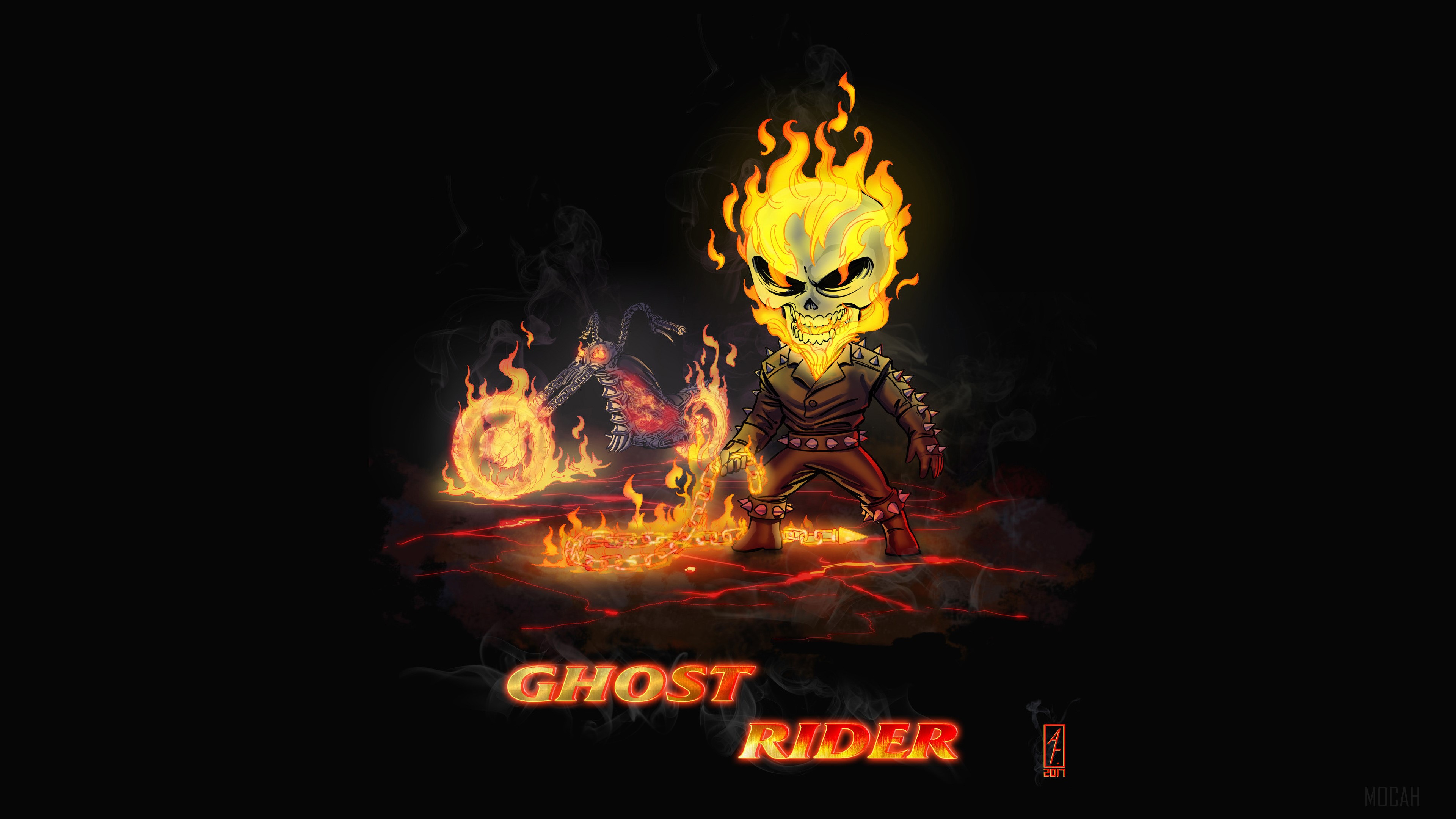 Chibi Ghost Rider on a flaming motorcycle 4K HD Wallpaper
