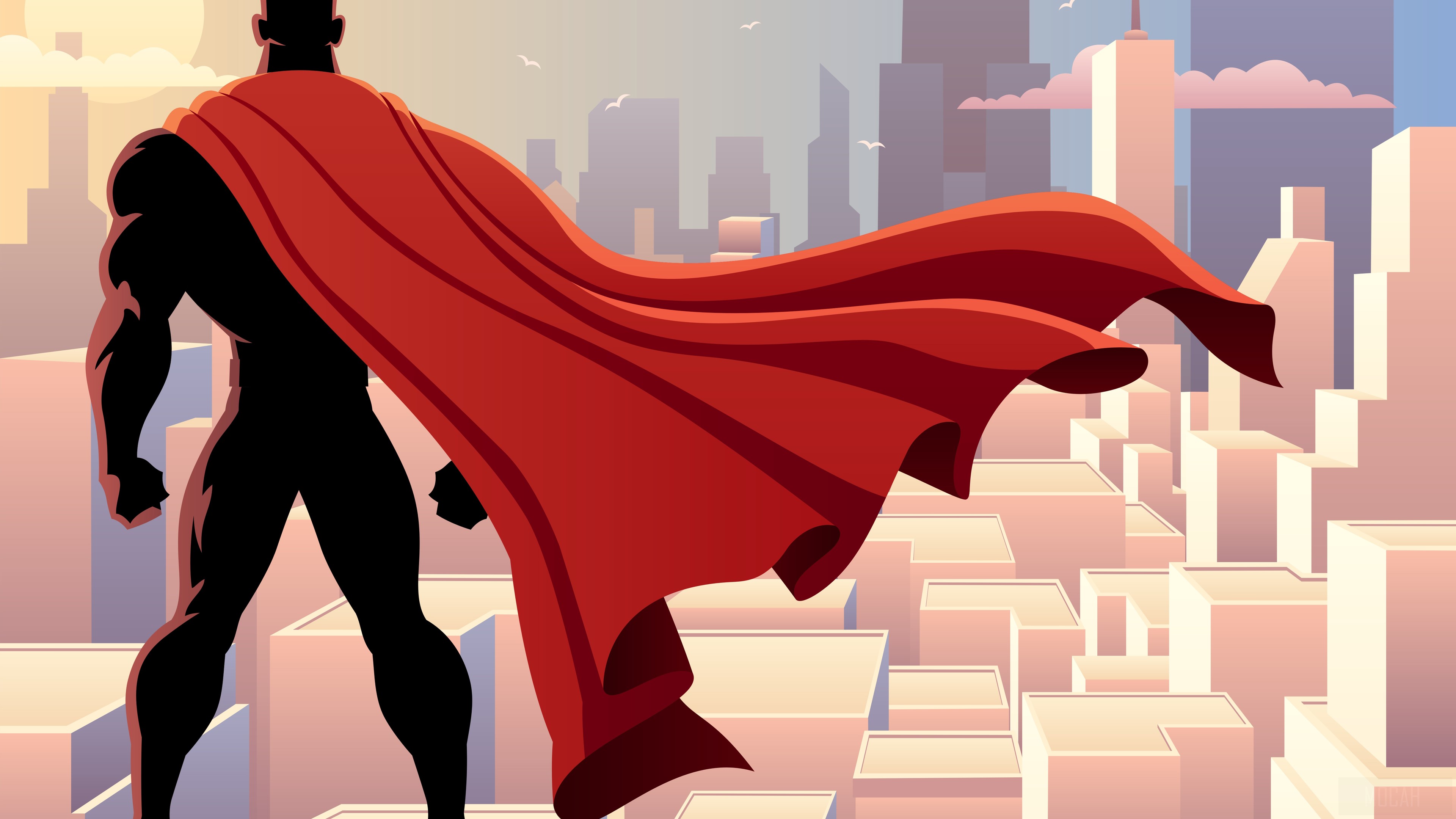 Omega Superhero with Red Cape Over City HD Wallpaper
