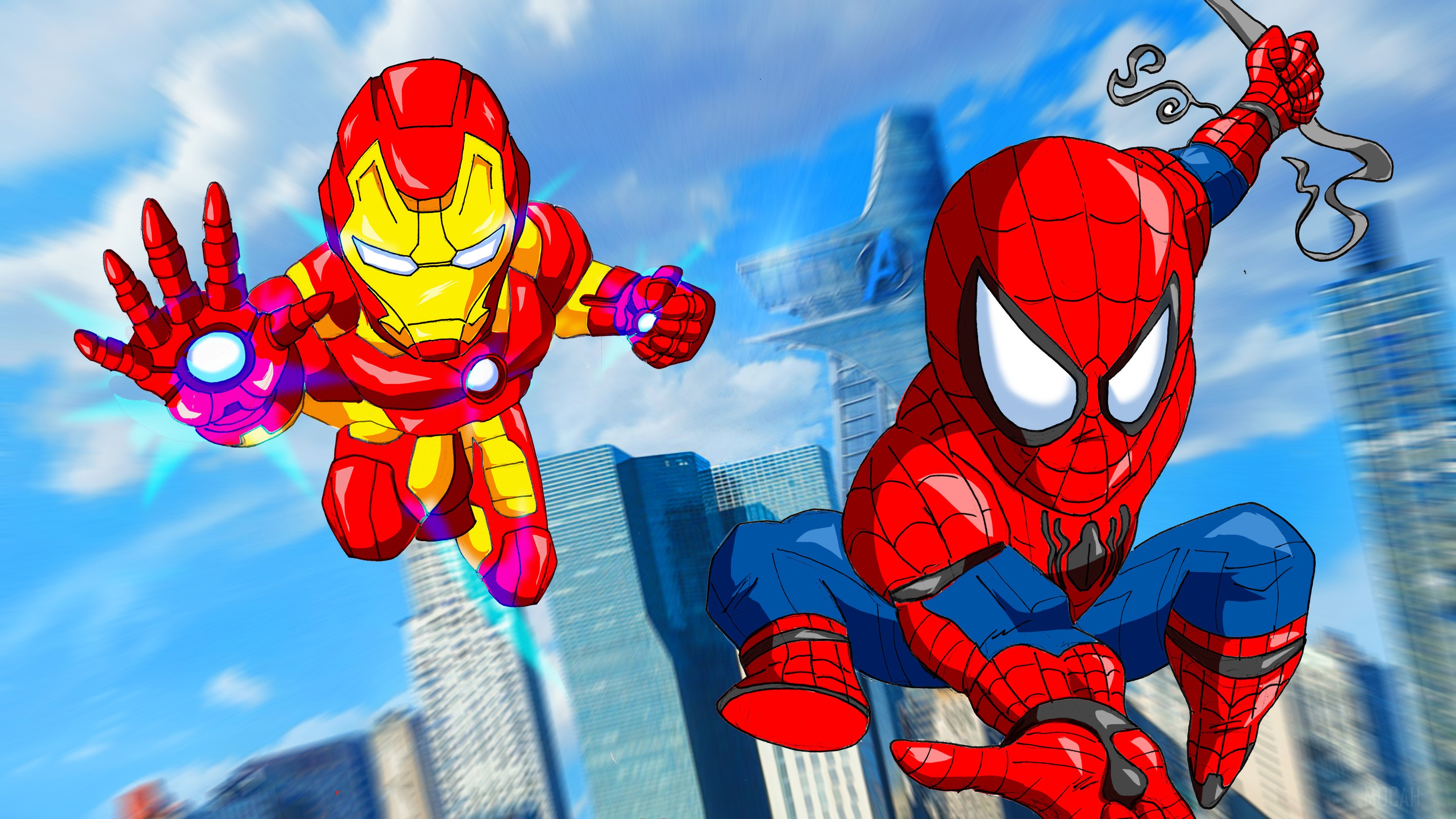 Iron Man and Spider-Man flying in city with Avengers Tower HD Wallpaper