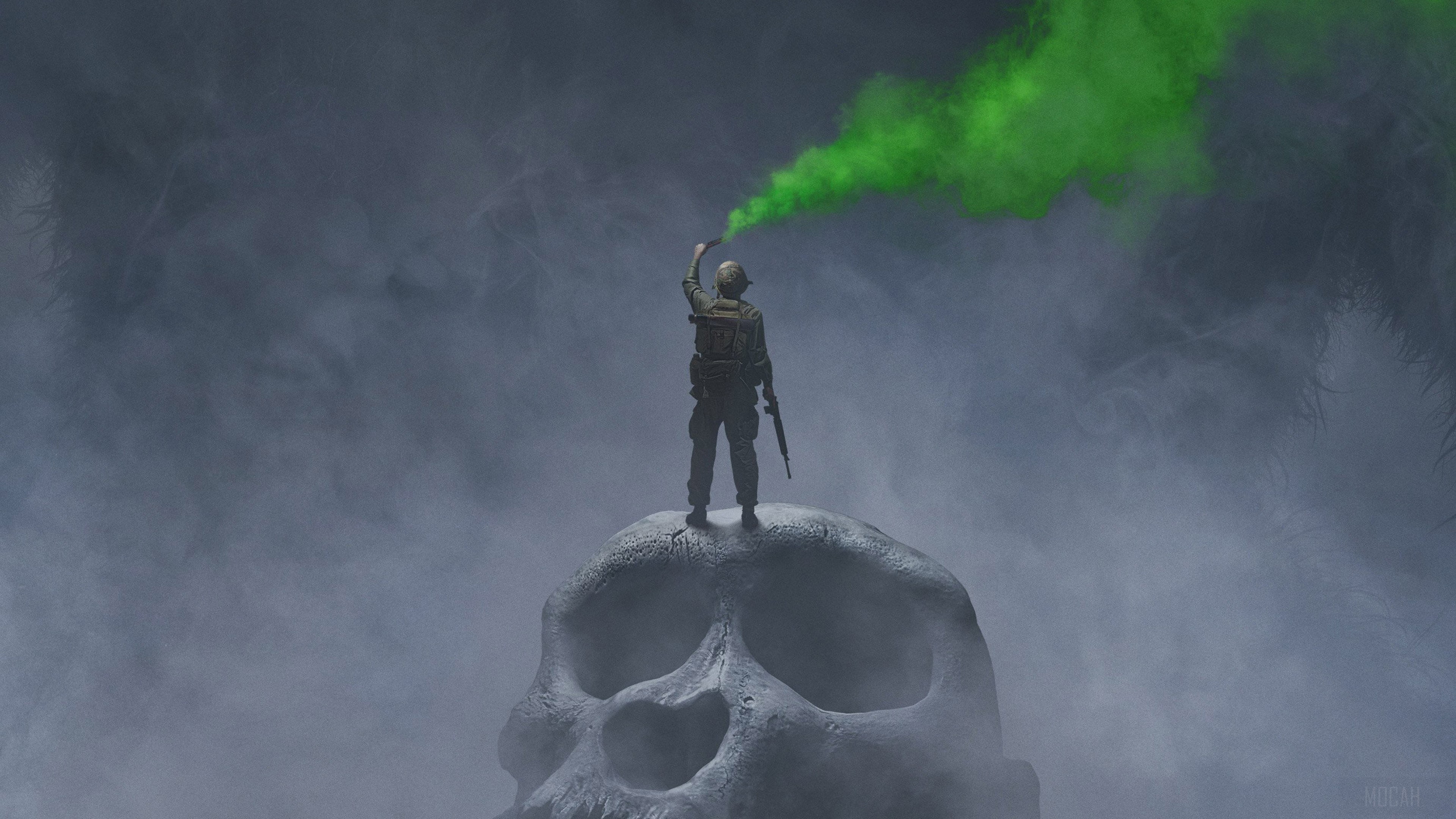 Soldier with green smoke on Skull Island 4K HD Wallpaper