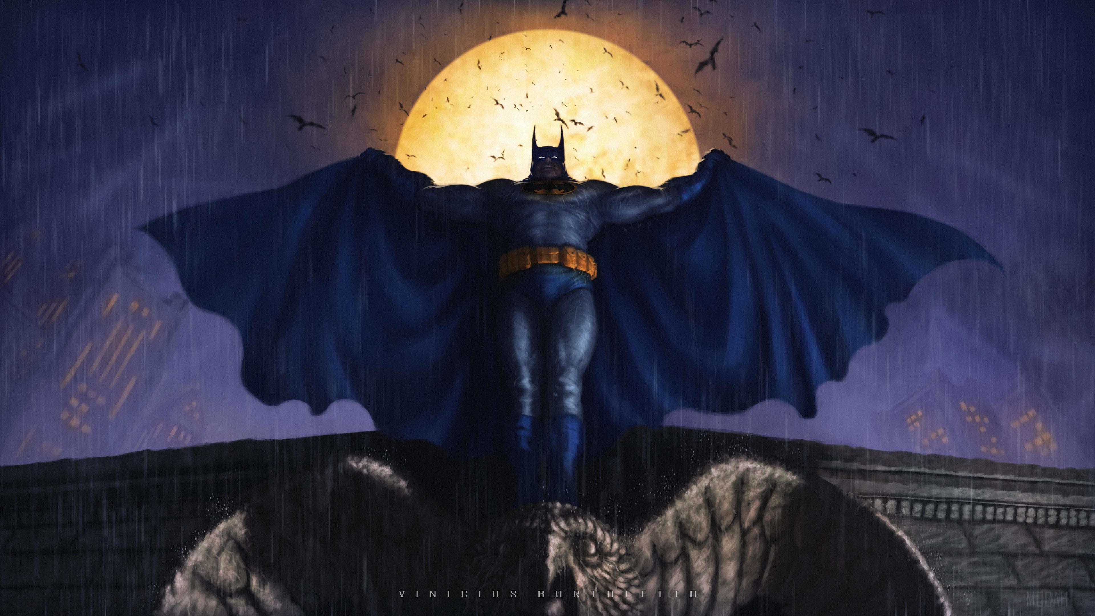 Batman standing on a gargoyle in the rain HD Wallpaper