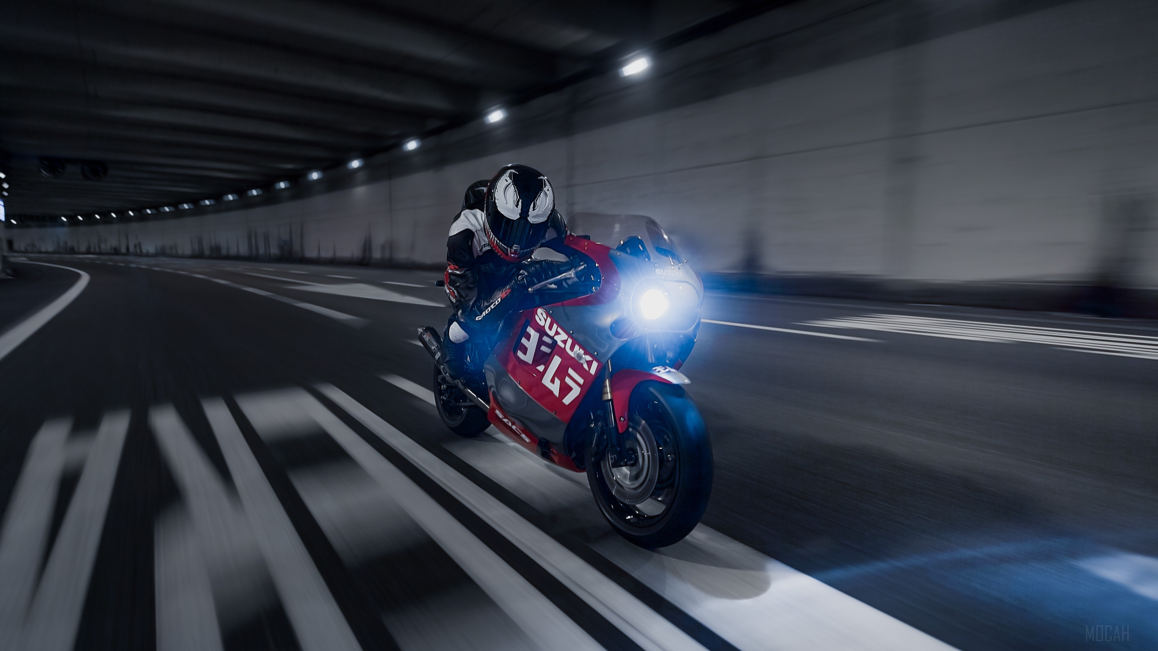Suzuki GSXR 1100 motorcycle with Venom helmet in tunnel HD Wallpaper