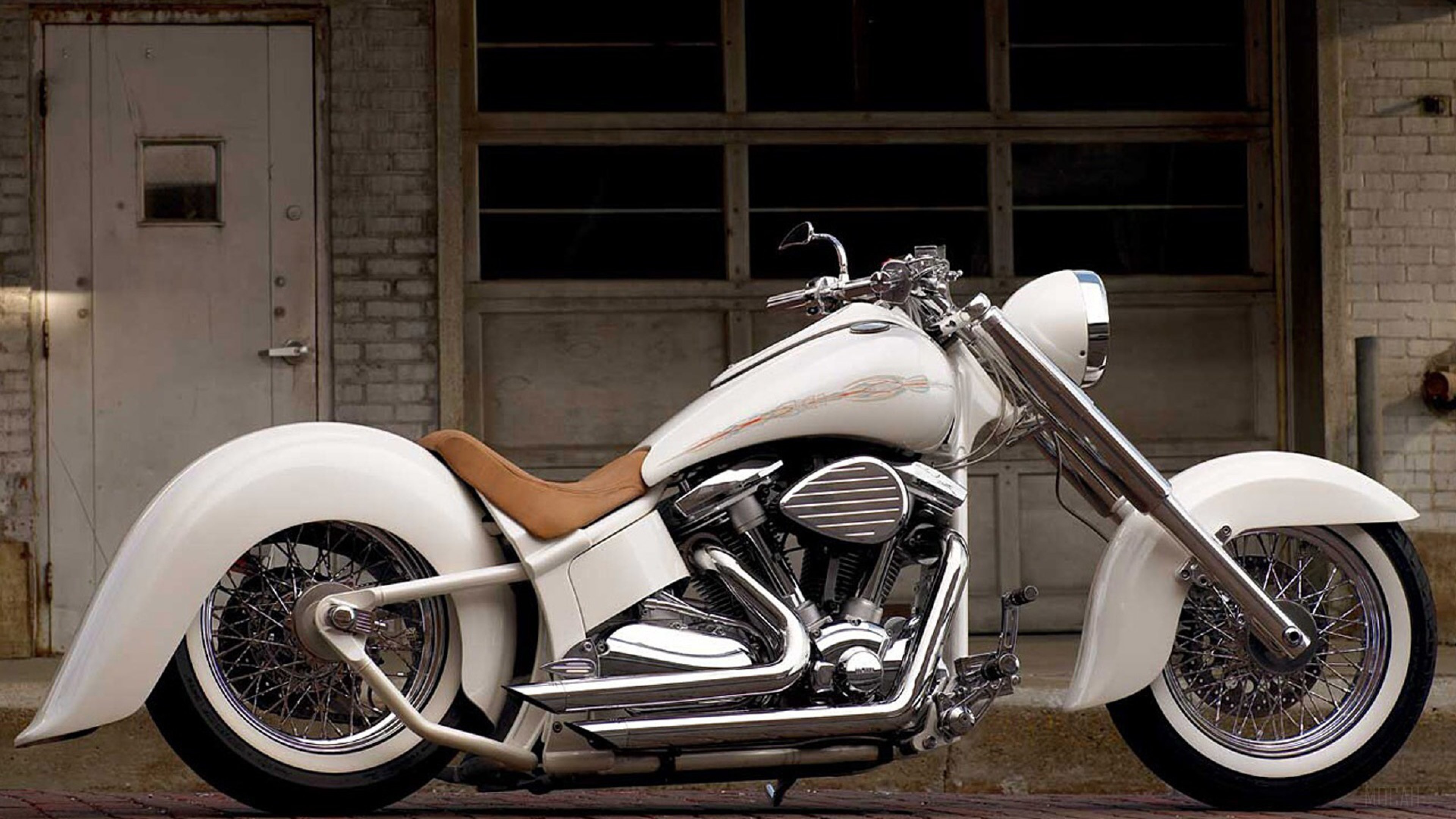 White Custom Motorcycle with Tan Seat 4K HD Wallpaper