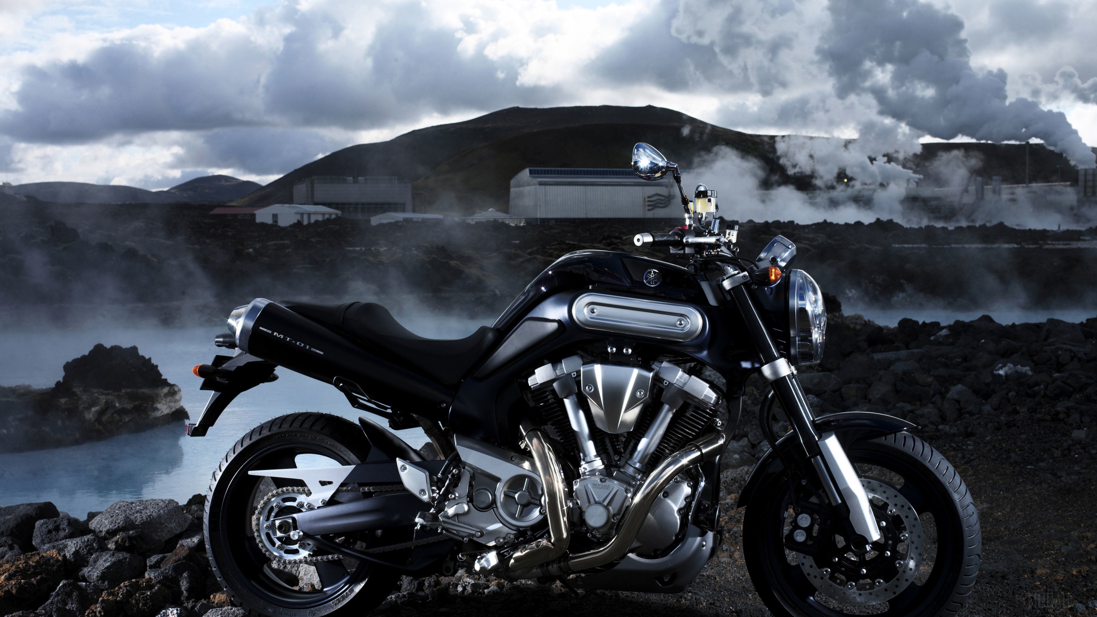 Yamaha MT-01 motorcycle in industrial landscape 4K HD Wallpaper