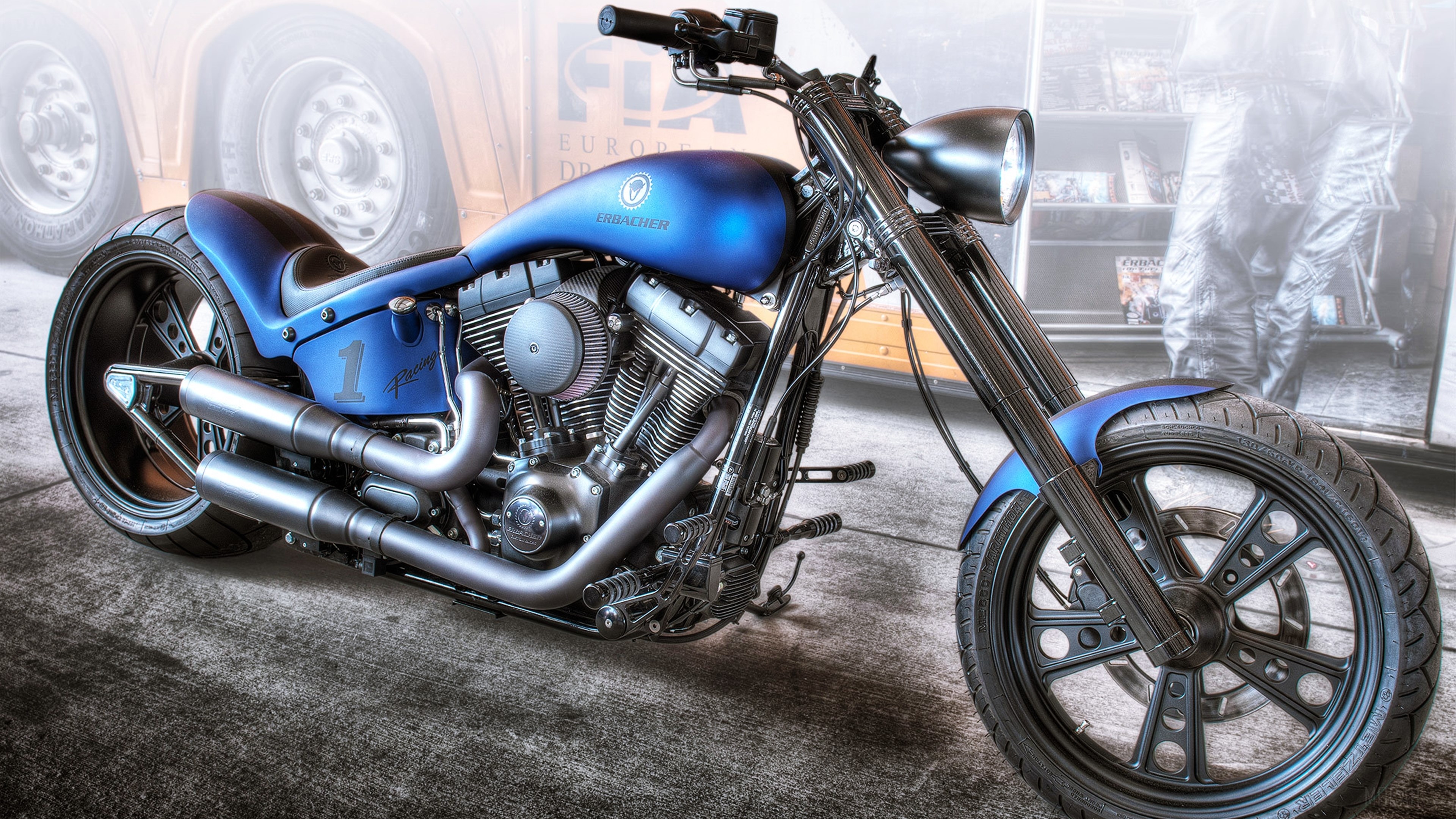 Blue custom motorcycle with "1" and "Racing" decals HD Wallpaper