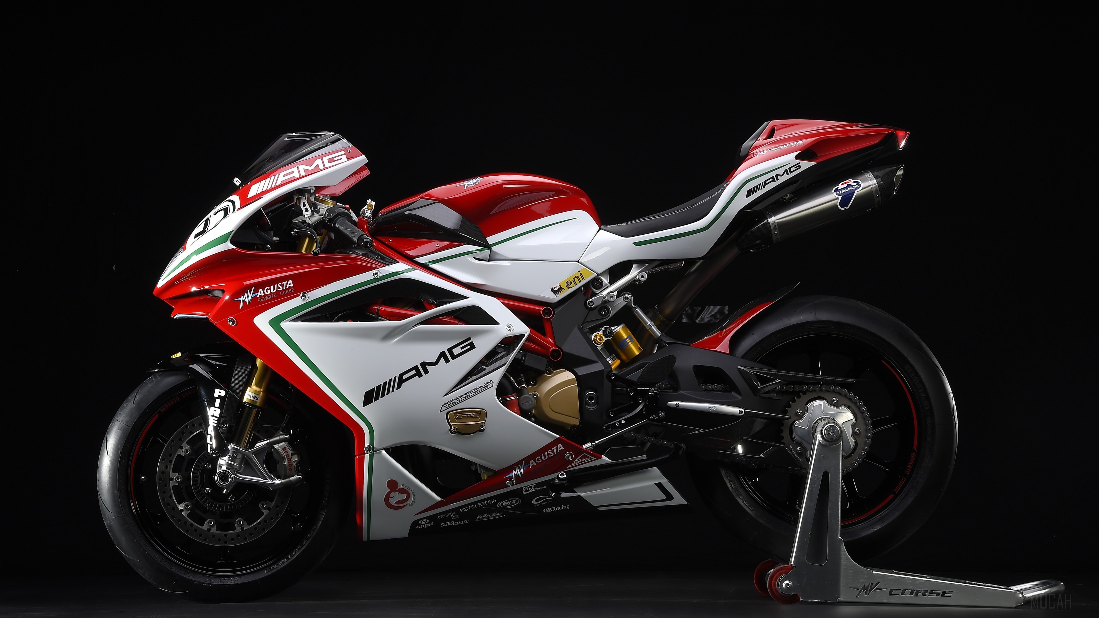 MV Agusta F4 RC motorcycle in red, white, and green livery HD Wallpaper