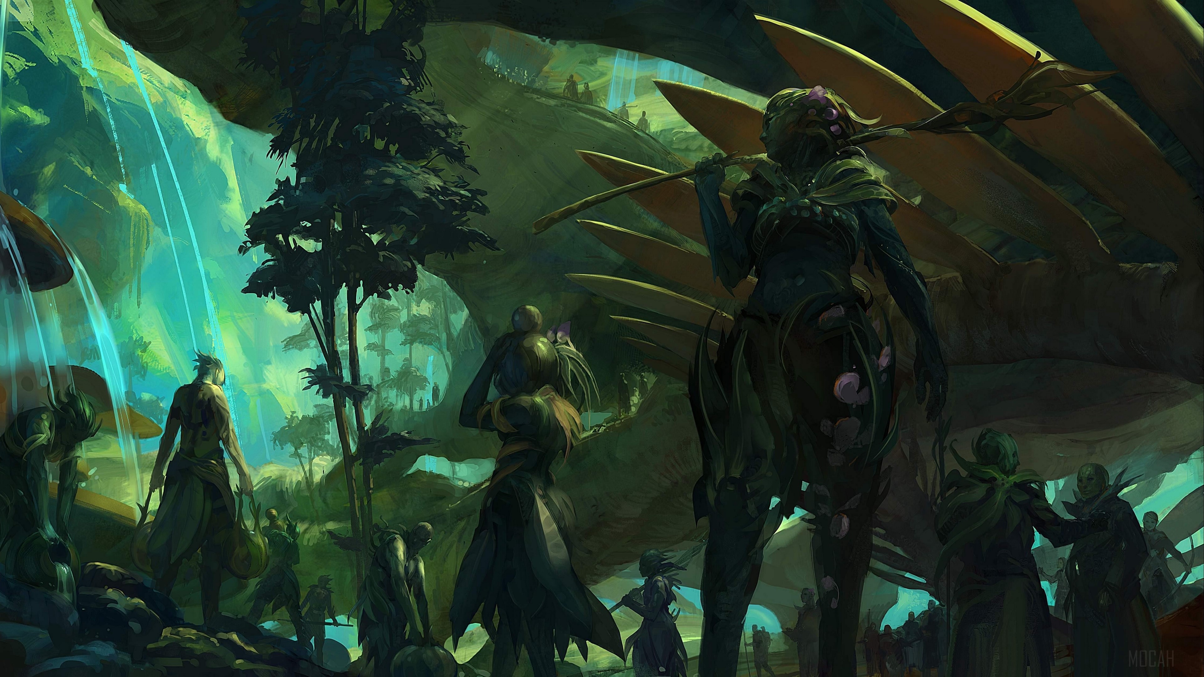 Creatures with weapons near a waterfall and trees 4K HD Wallpaper