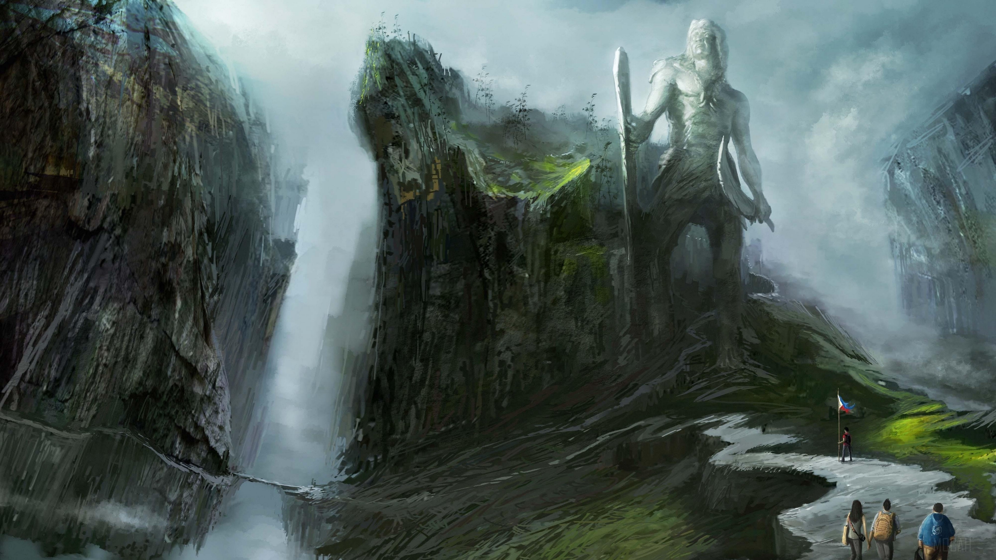 Giant statue in a rocky canyon with tourists and waterfall 4K HD Wallpaper