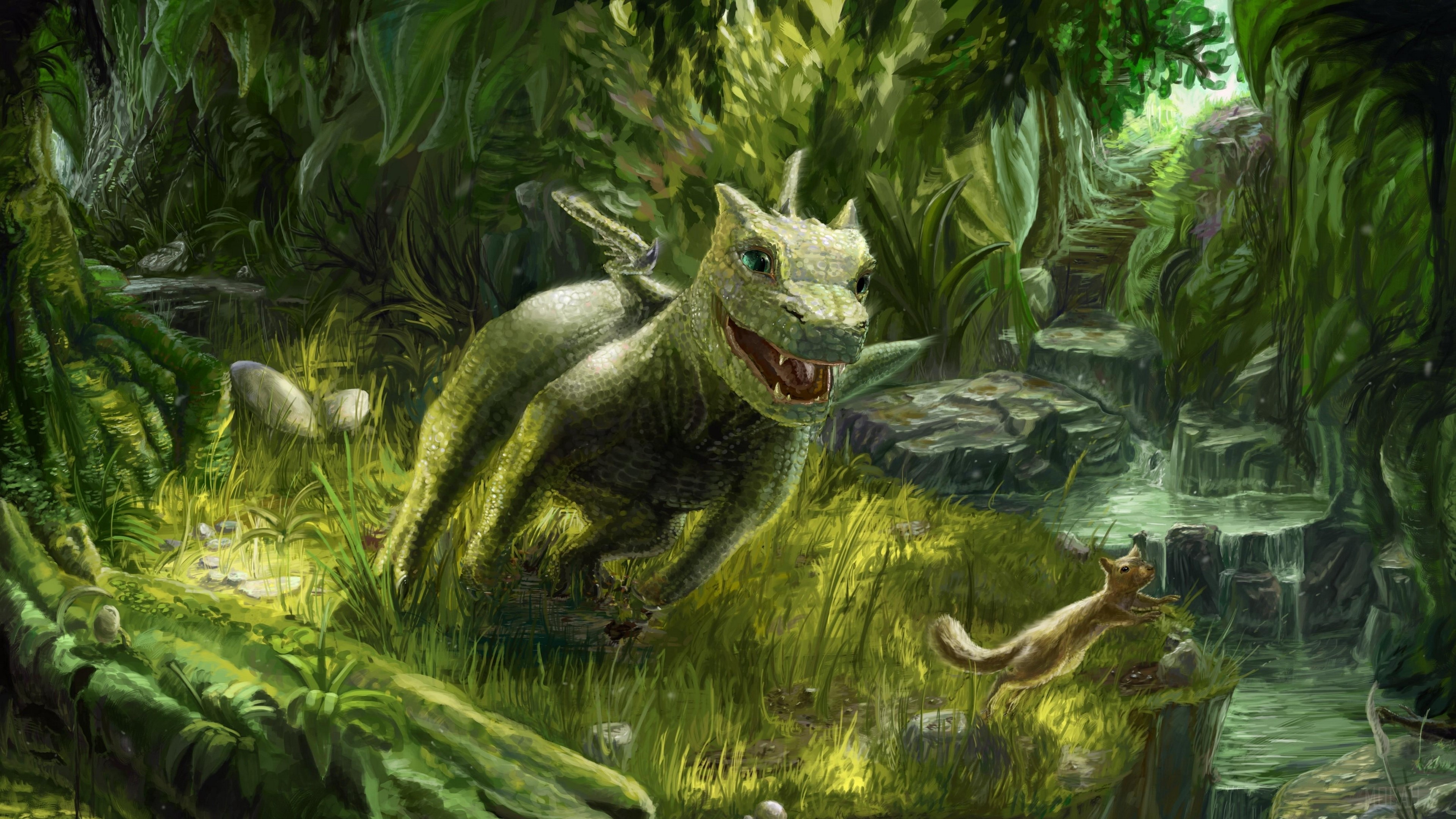Small green dragon and squirrel in a forest HD Wallpaper