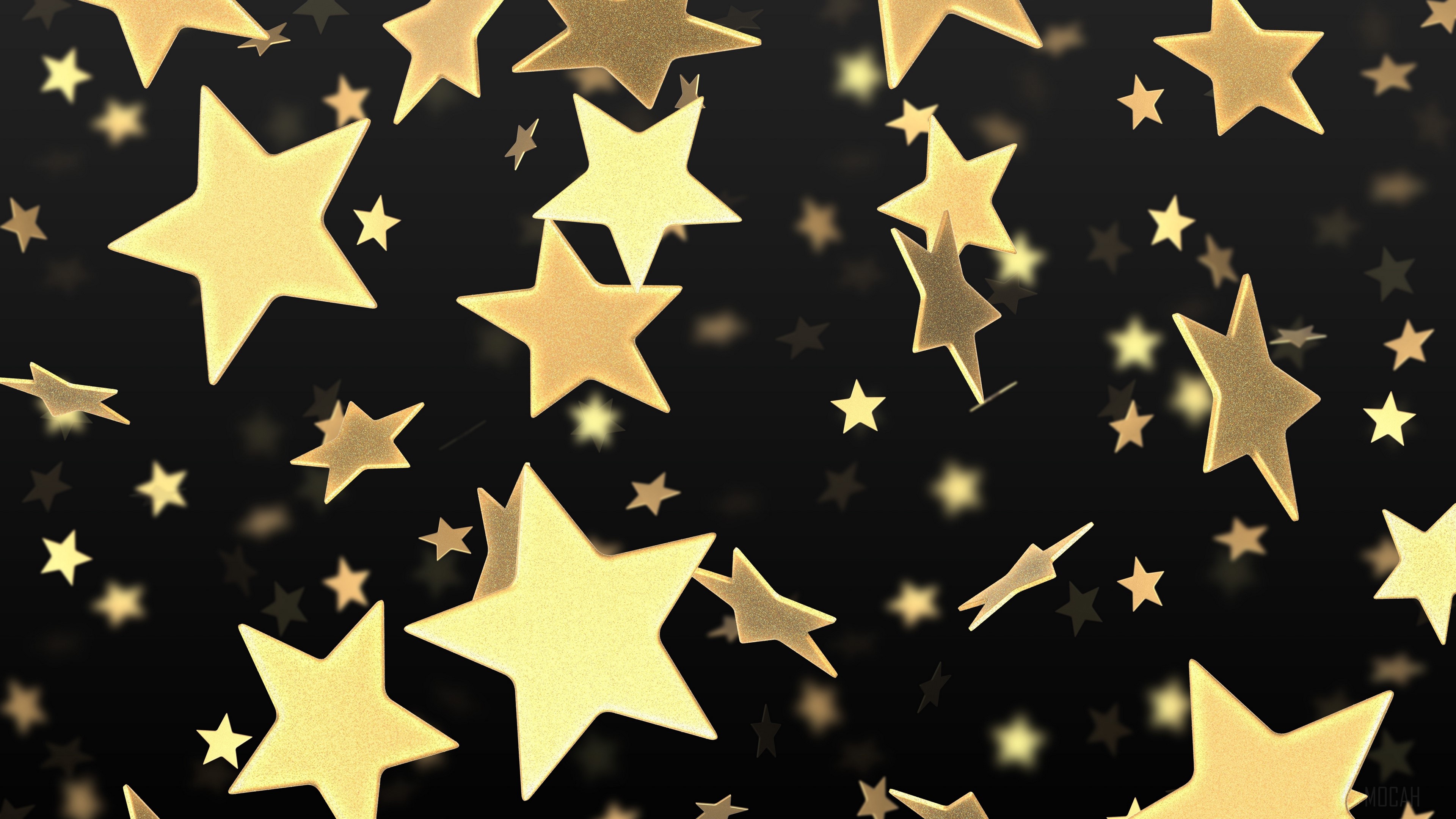 Gold stars flying on a black background 4K HD Wallpaper