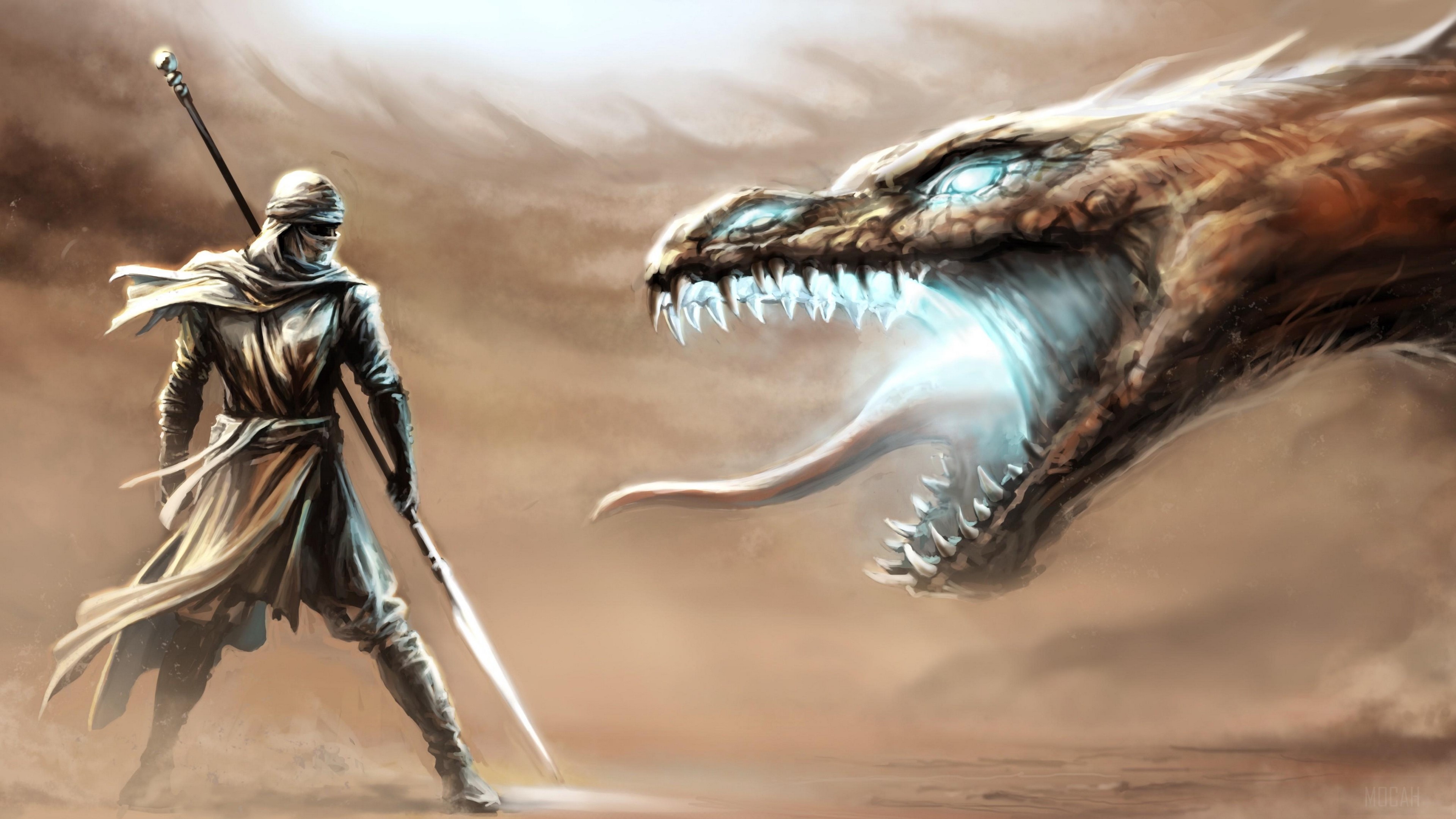 Warrior facing a dragon in the desert 4K HD Wallpaper