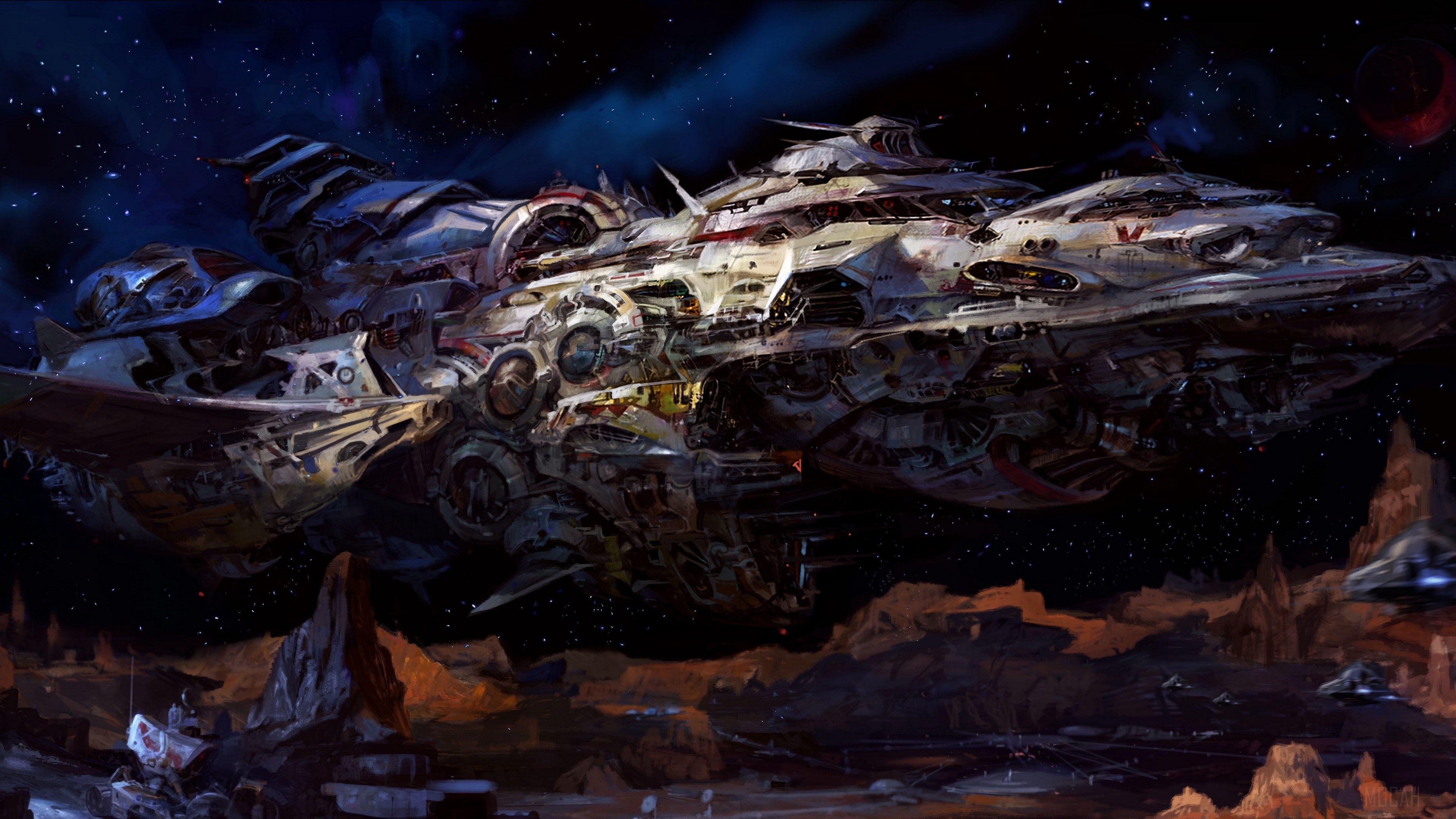 Massive spaceship over alien planet landscape HD Wallpaper