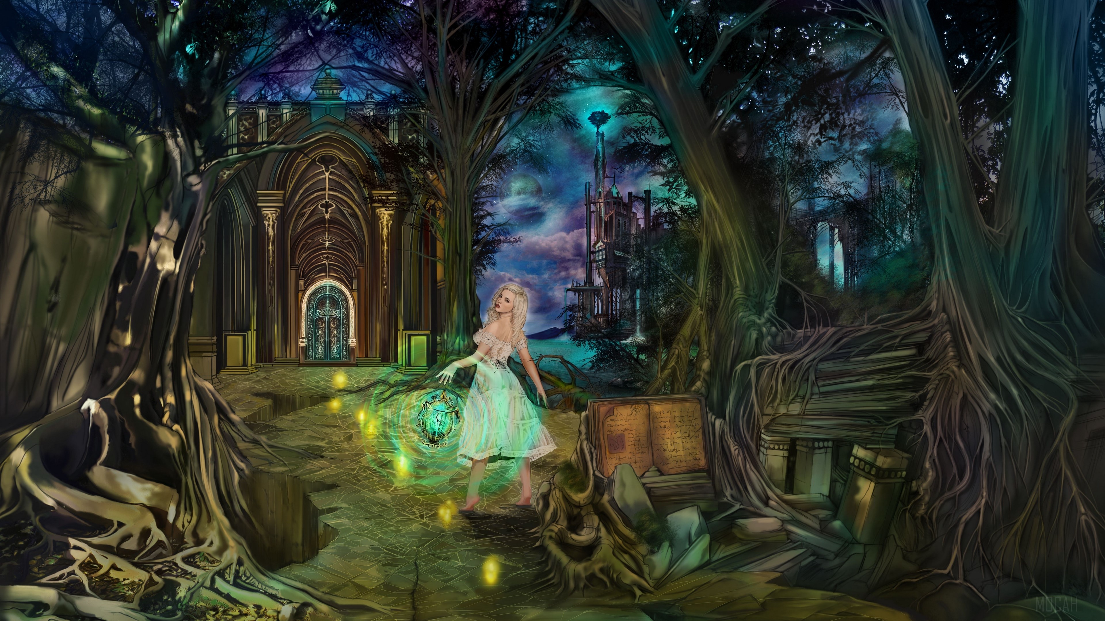 Girl with lamp in forest near temple 4K HD Wallpaper