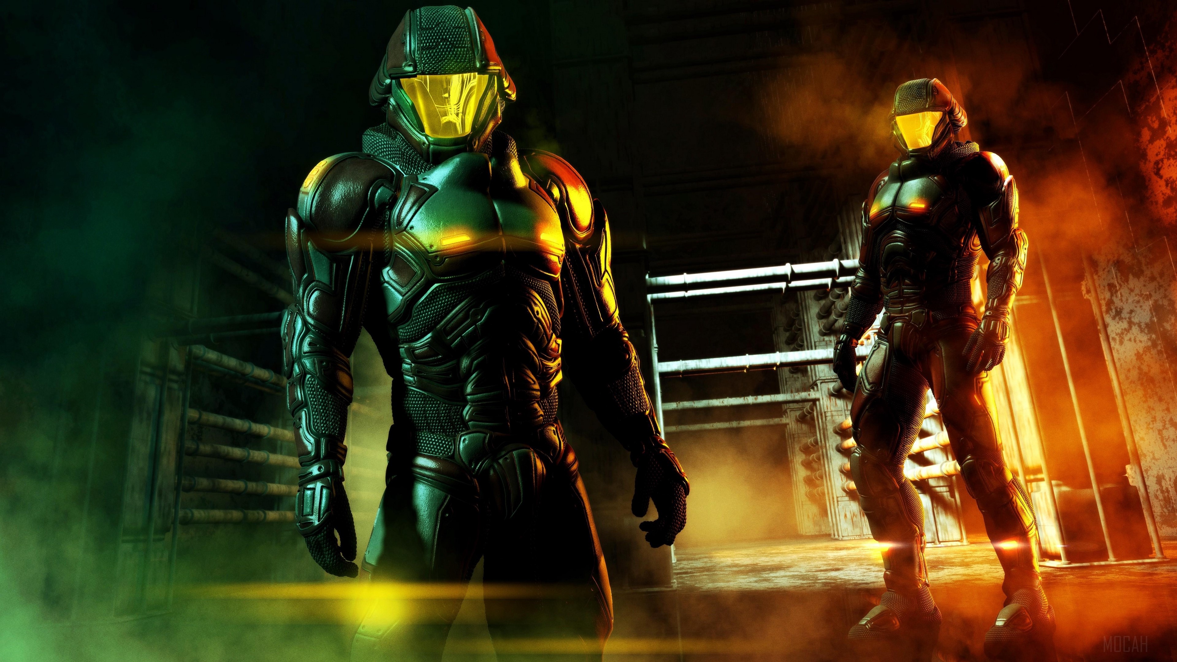 Two robots in futuristic armor with yellow visors HD Wallpaper